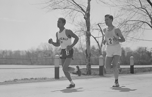 Ellison 'Tarzan' Brown running in a marathon. Courtesy of the Boston Public Library, Leslie Jones Collection.