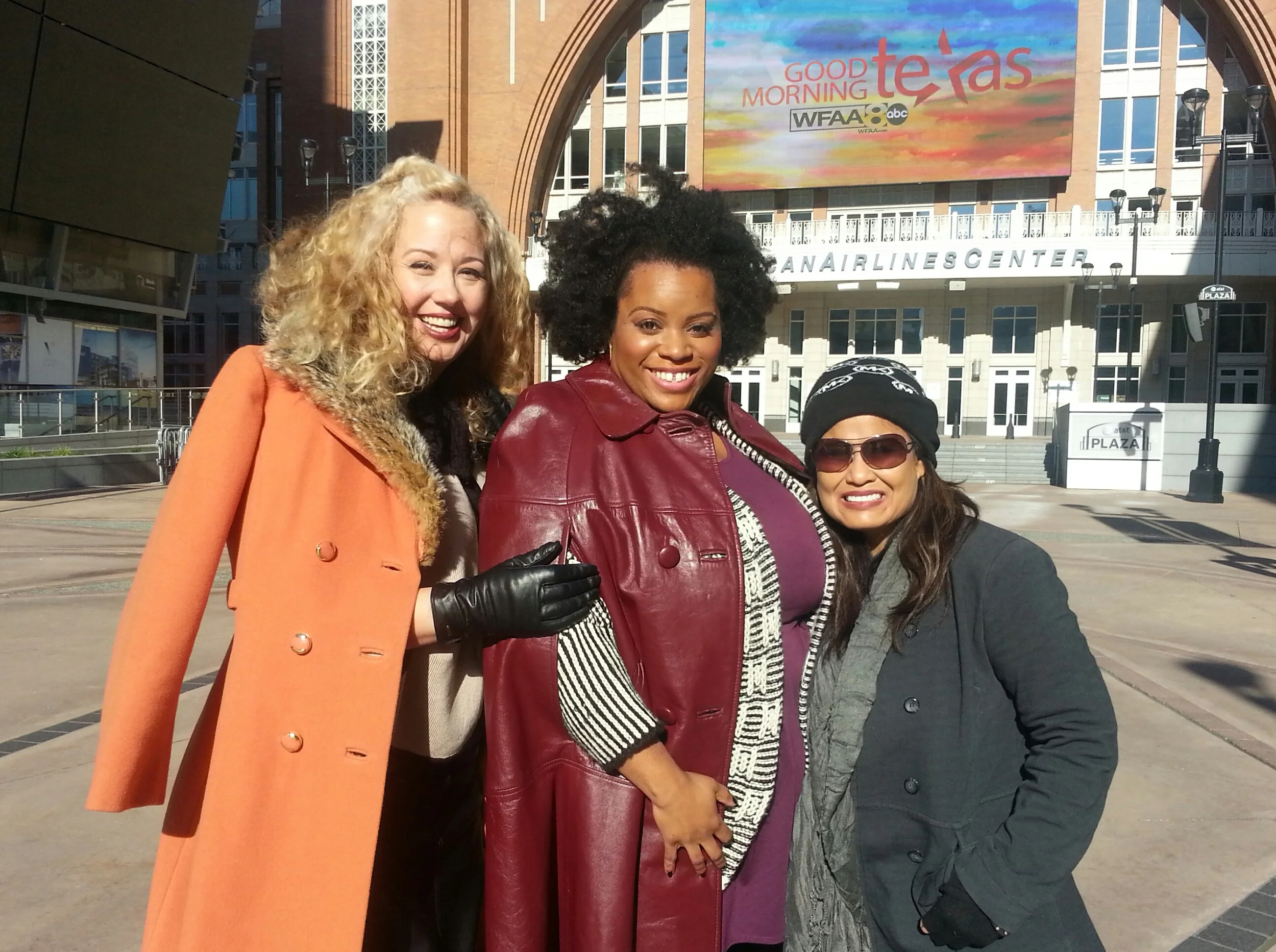 With Dallas stylist, Jeannette Chivvis and Hair/Makeup Artist, Paige Anderson after 'Good Morning Texas' in my 'Oxblood' leather cape.
