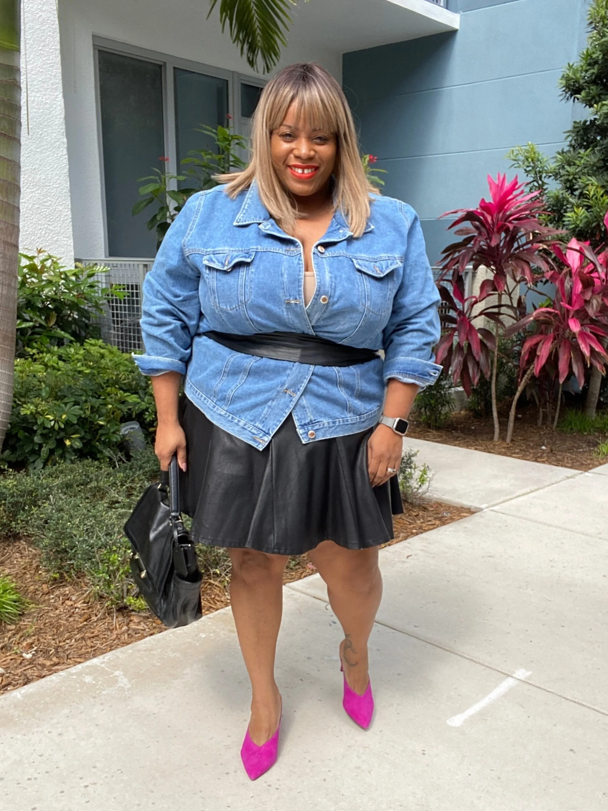 denim jacket with leather skirt
