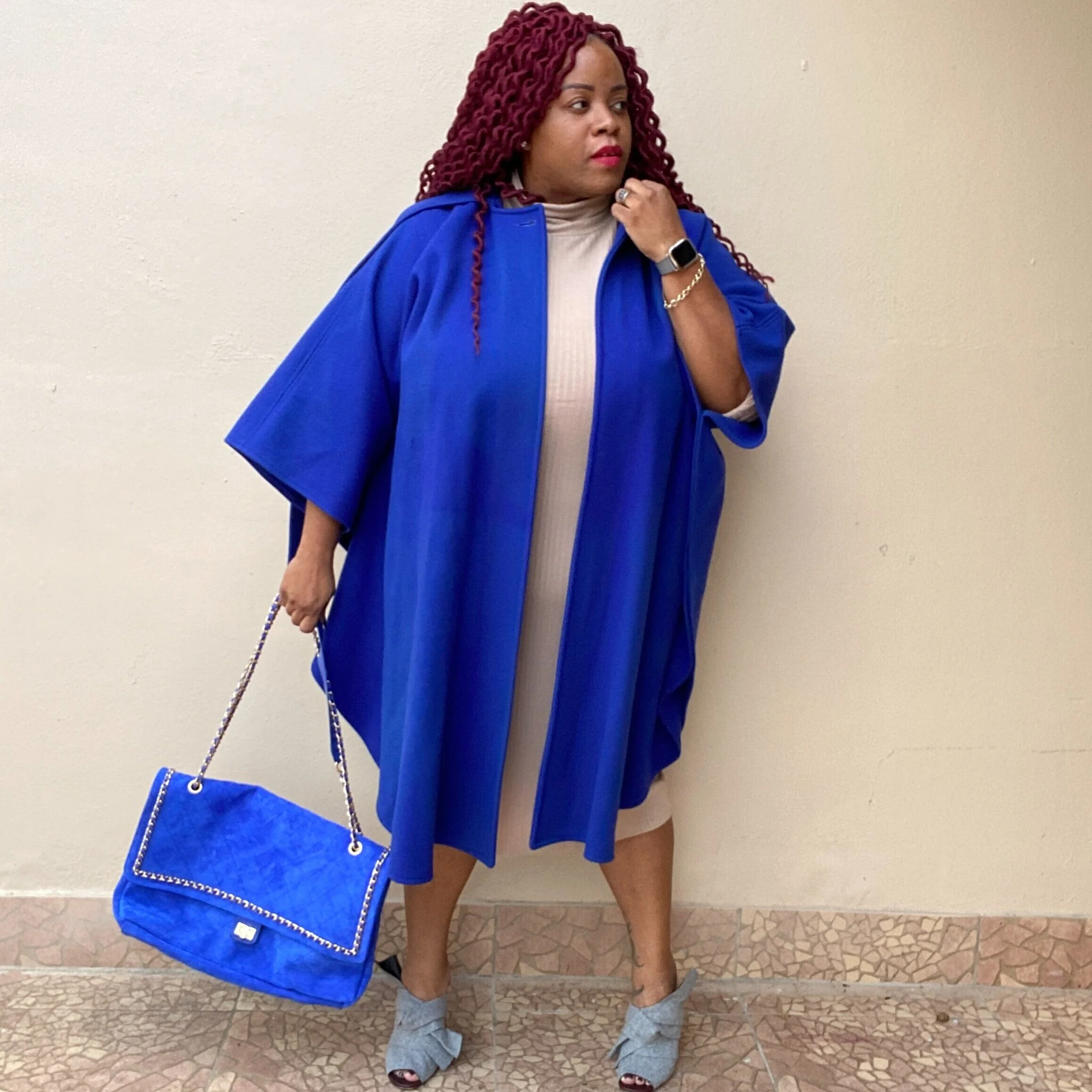 Blue Coat and Turtleneck Dress