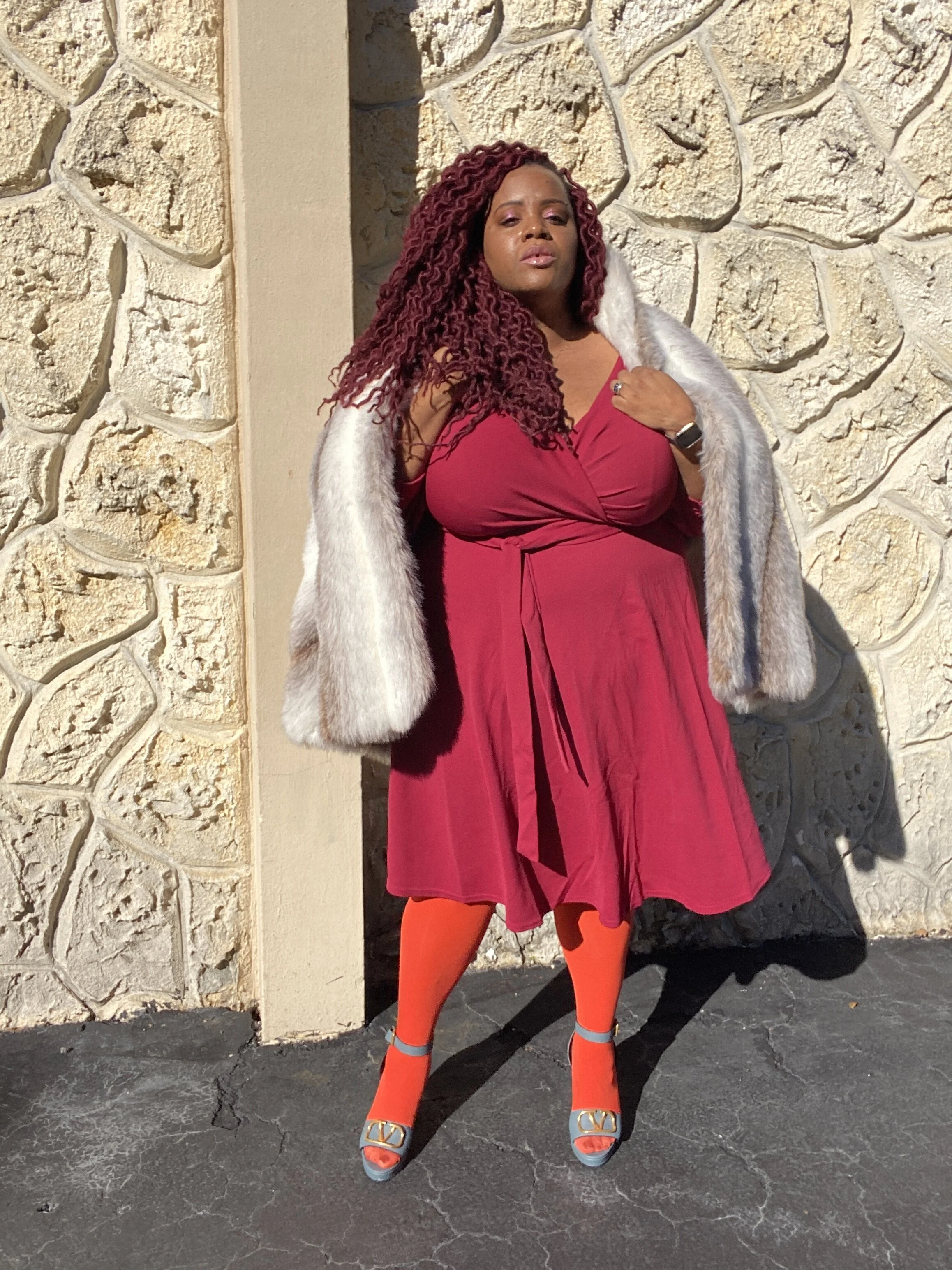 Faux Fur and Maroon Dress