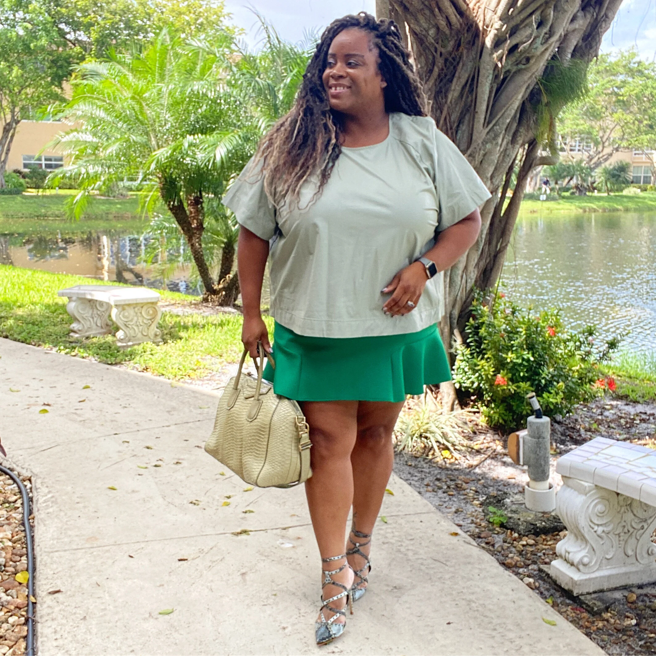 Who What Wear Faux Leather Top and Eloquii Skirt