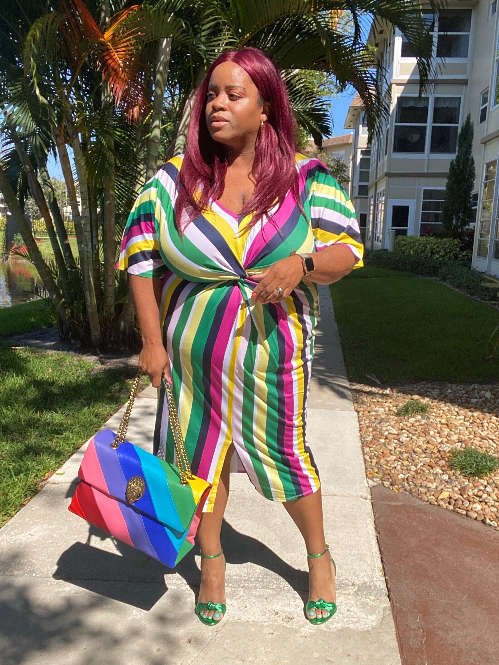 Eloquii Striped Dress and Kurt Geiger Rainbow XXL Kensington Bag
