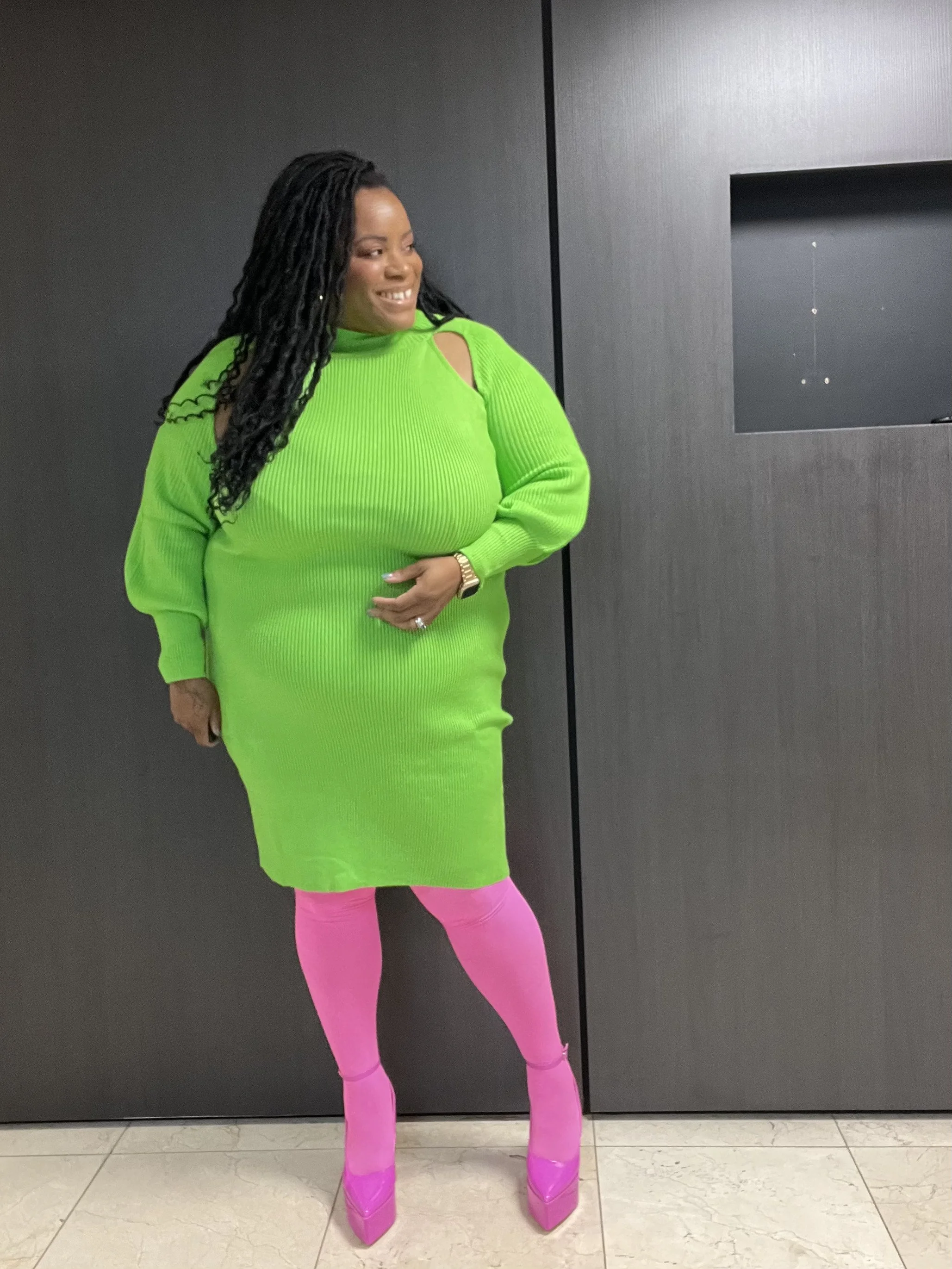 Neon Green Sweater and Pink Tights