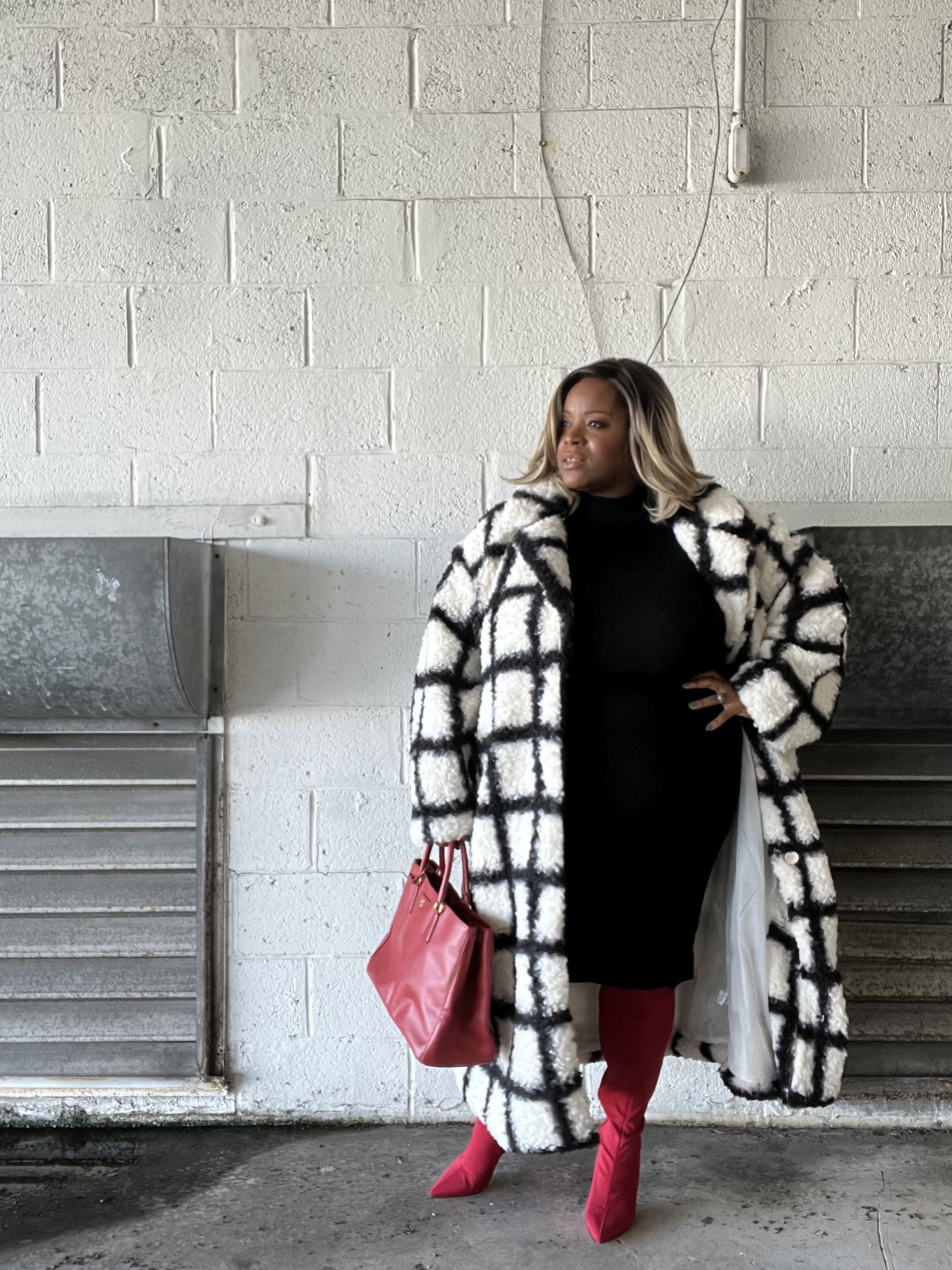 Black and White Coat and Red Boots