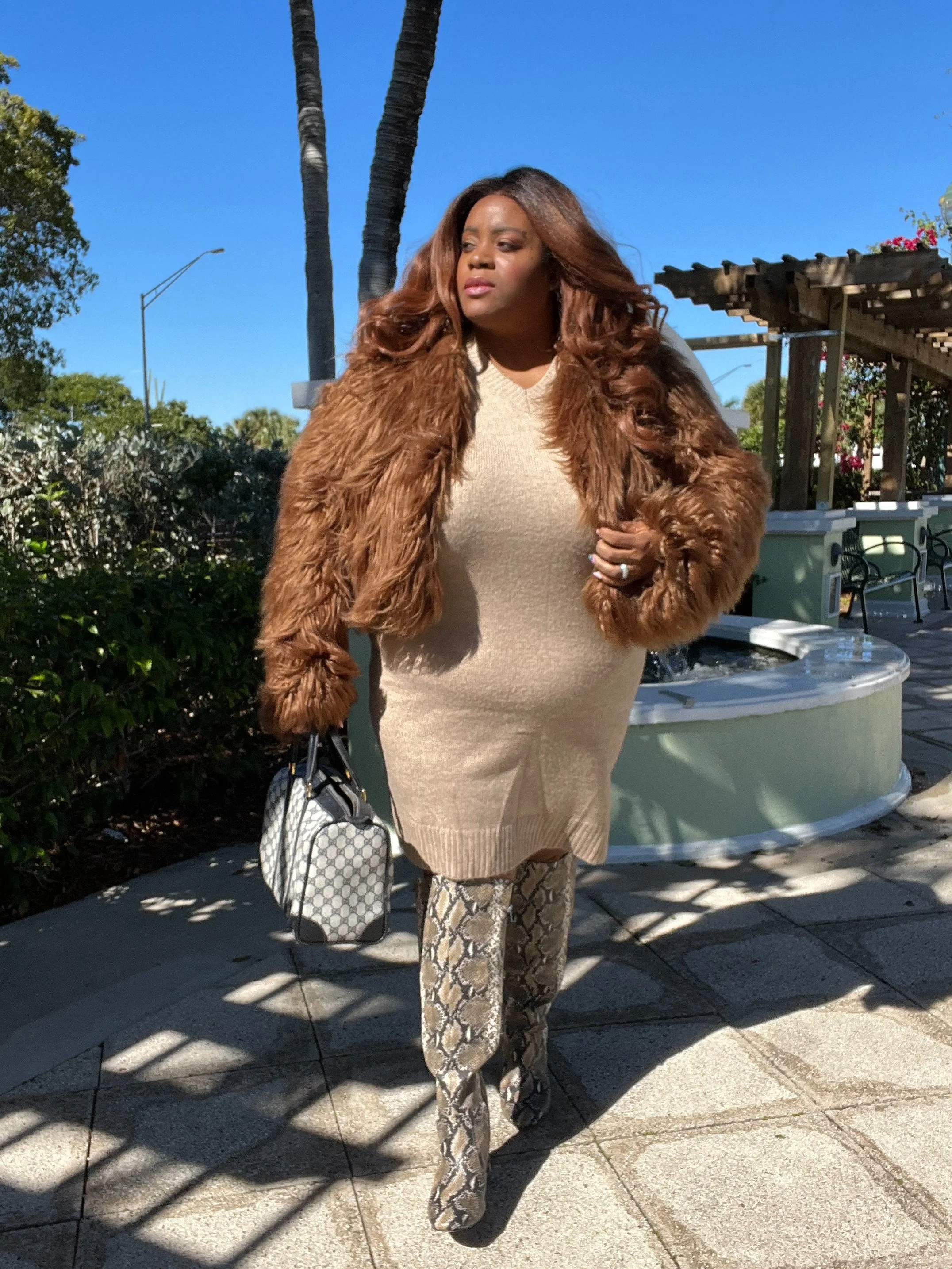 PrettyLittleThing Chocolate Faux Fur and Eloquii Snake Embossed Boot