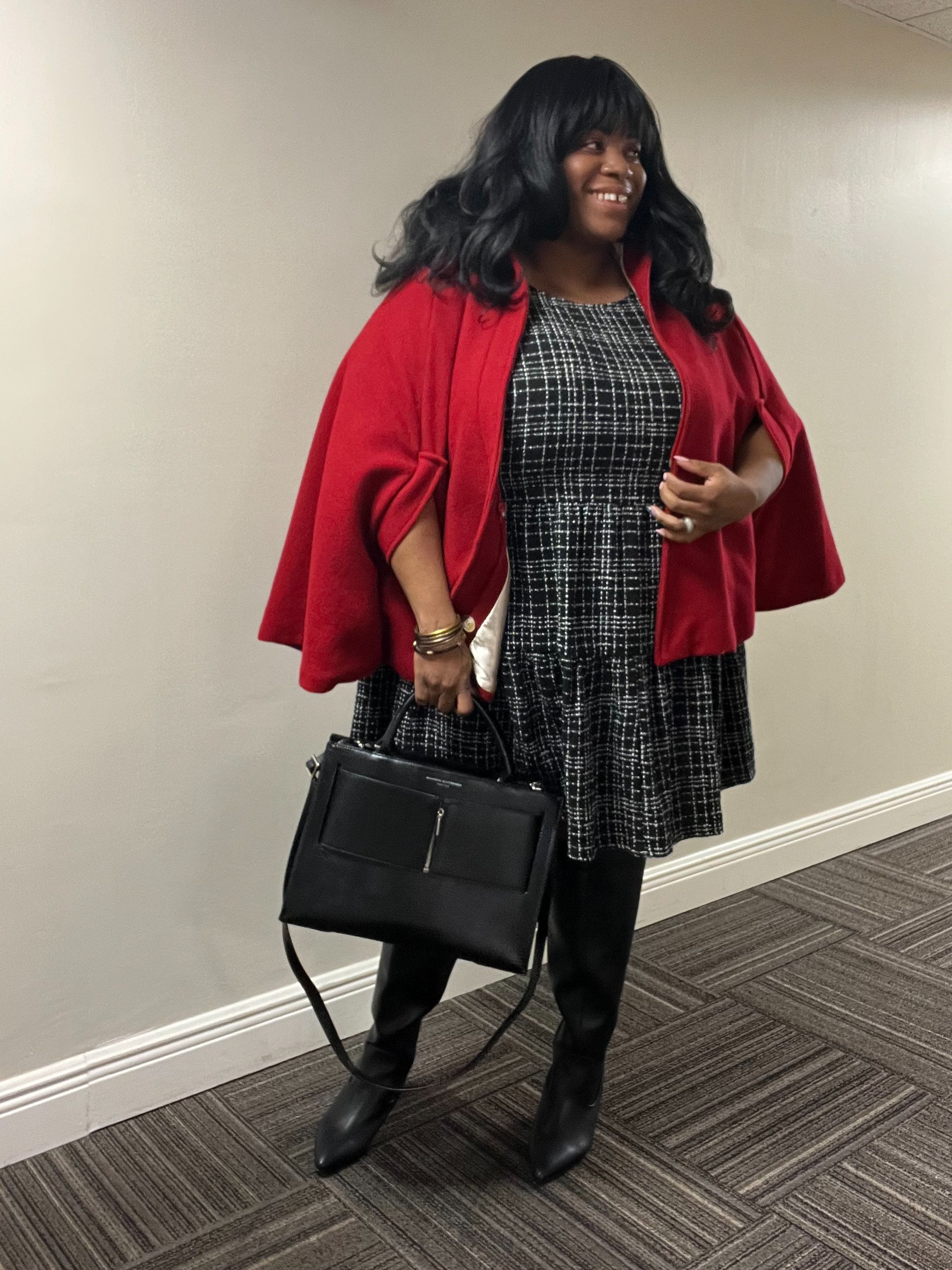 New Look Tweed Dress and American Apparel Red Cape