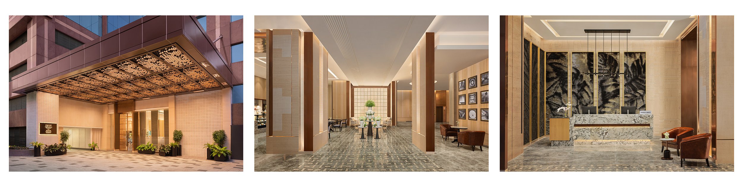 Hotel porch entrance at dusk with a geometric patterned canopy ceiling, warm brass and stone cladding, glass entry doors, and potted plants framing the threshold, Marriott Executive Apartments Bengaluru UB City.