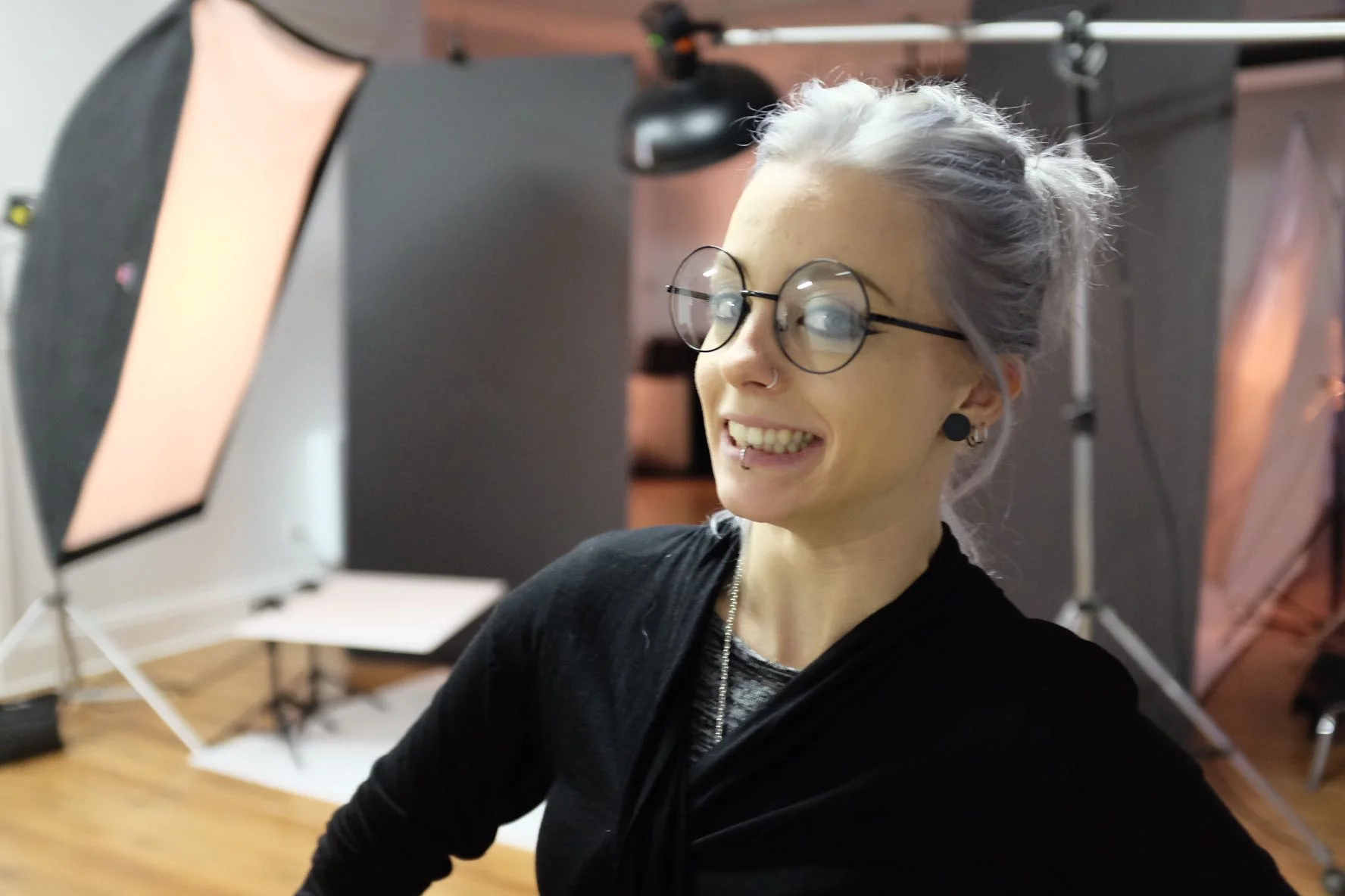 Kelly rocking my Shoot Glasses! Lighting setup in the background: Beauty dish Key light with a huge softbox for fill. 