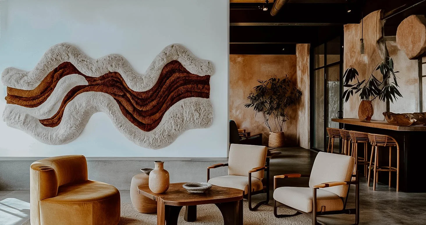 Close-up of handcrafted tufted textile wall hanging with organic wave patterns in neutral and earth color palette.