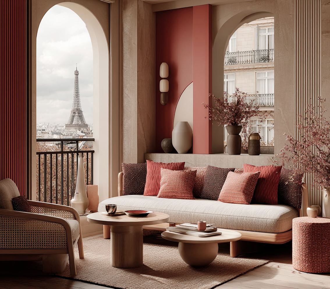 Sophisticated Paris apartment interior with Eiffel Tower view showcasing terracotta textile elements and contemporary French luxury design