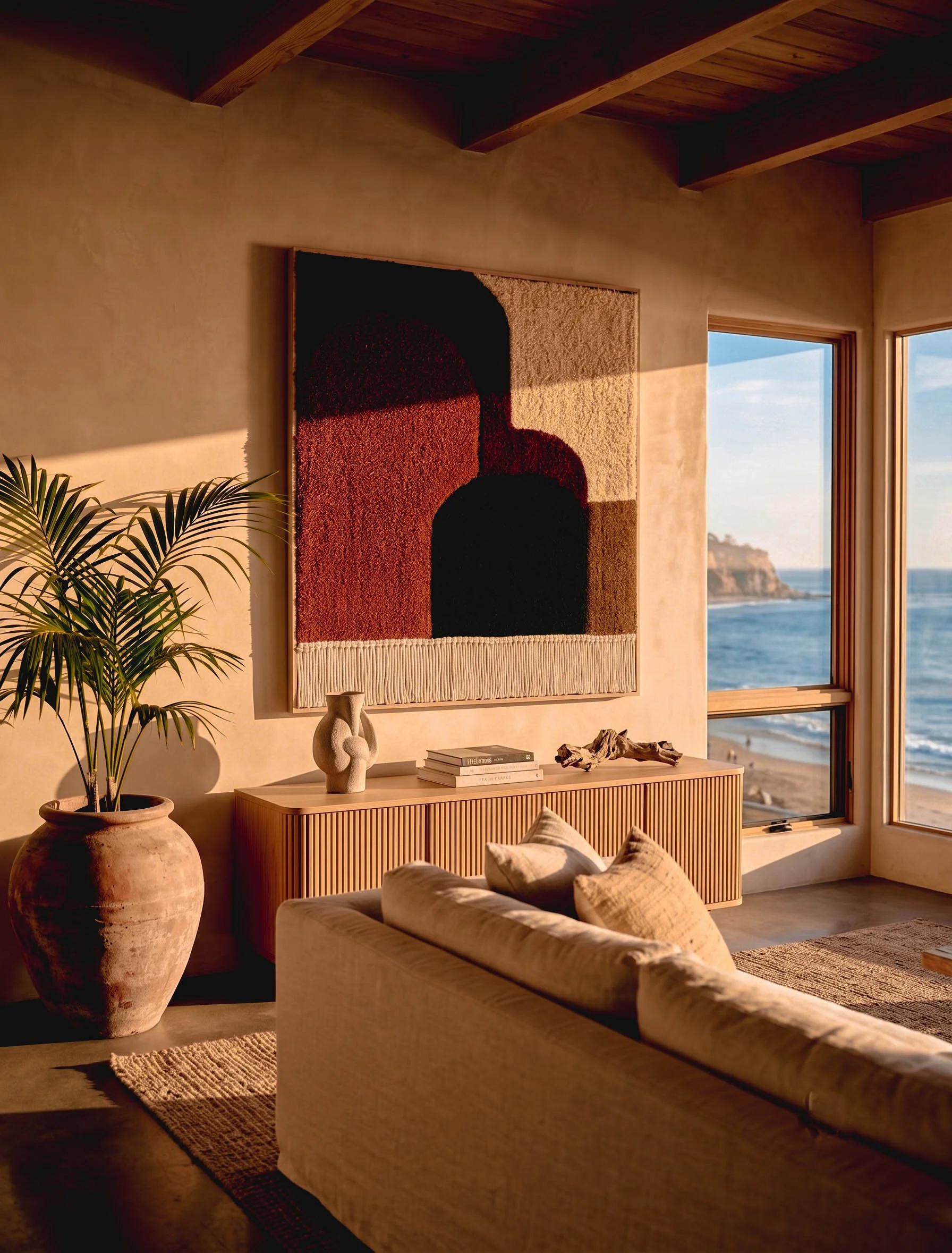 Holding Space is an original framed hand-tufted textile artwork by Belén Senra. A contemporary fiber art piece that adds depth, texture and architectural character to sophisticated interiors
