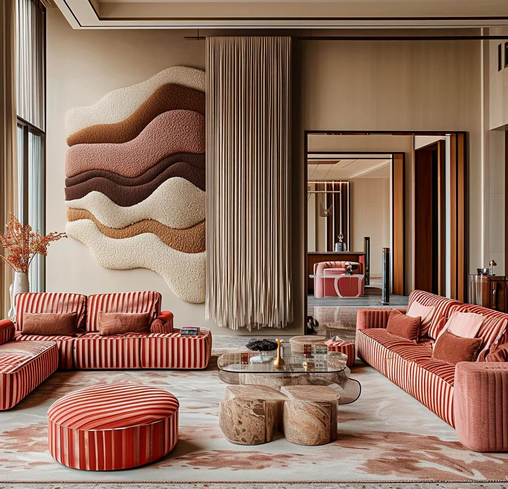 Luxury Parisian living room with dimensional textile wall installation featuring flowing landscape patterns in terracotta and natural wool creating sensorial architecture