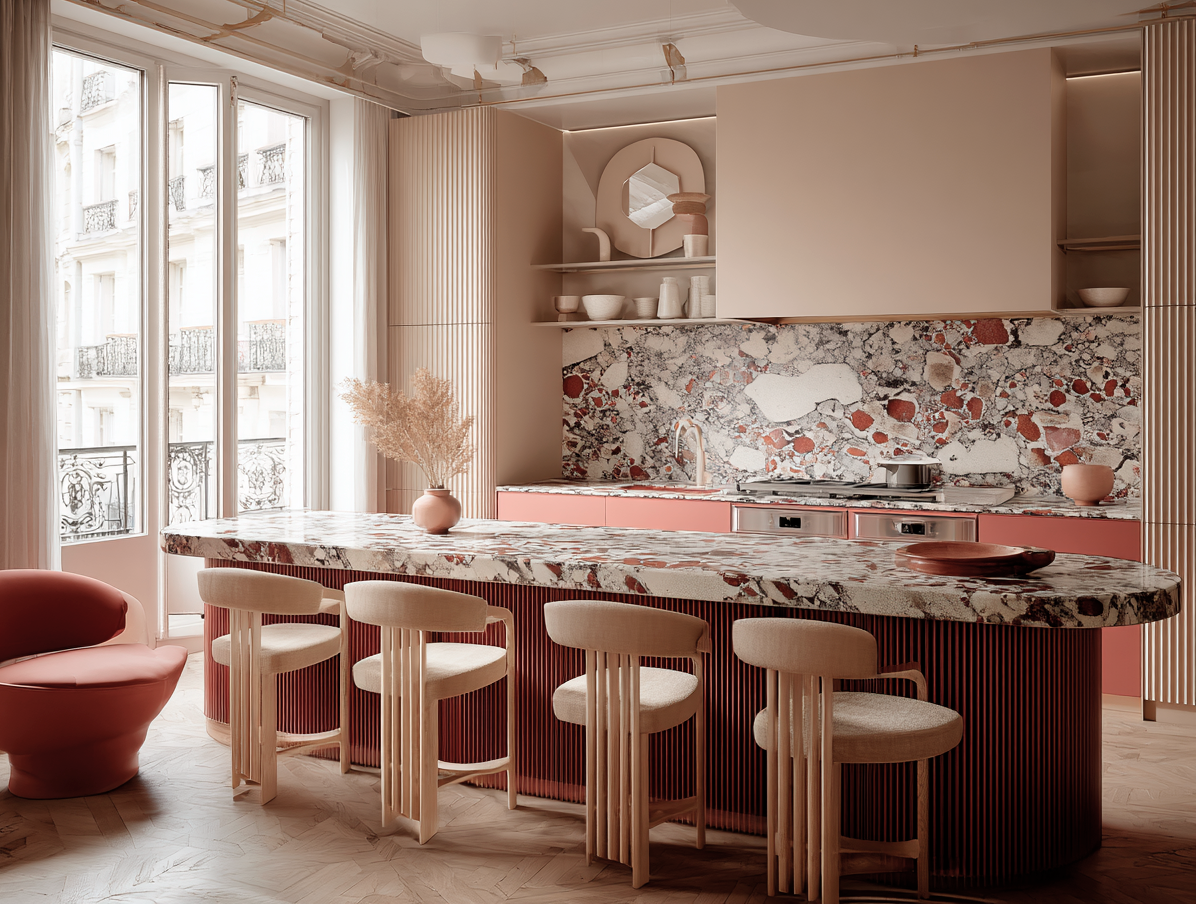 Modern French kitchen design in Paris apartment featuring terrazzo marble and terracotta accents with architectural textile integration
