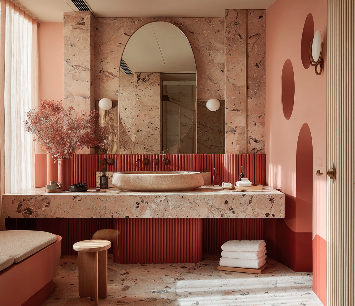 Parisian luxury bathroom design with terracotta marble and natural textures demonstrating sensorial architecture principles in residential design