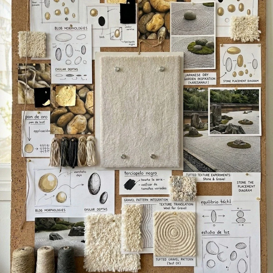 There is a silence that only exists in gravel gardens.
In the shape of a stone that carries no weight, in the furrow a rake leaves &mdash; and forgets.
These pieces do not represent calm &mdash; they materialize it.
Wool, volume, void. What remains w