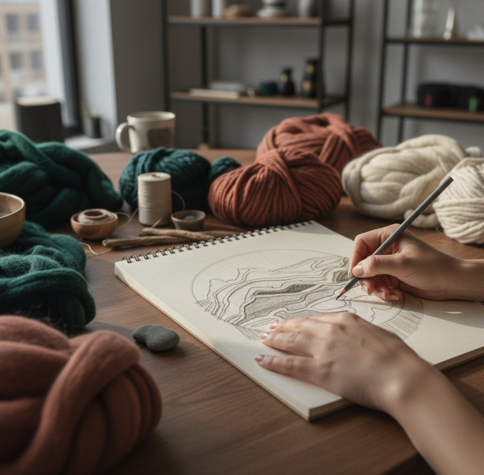 Large circular hand-tufted textile sculpture in New Zealand wool featuring layered organic landscape forms in cream, sand, olive and deep burgundy tones, designed as contemporary sensory wall art.