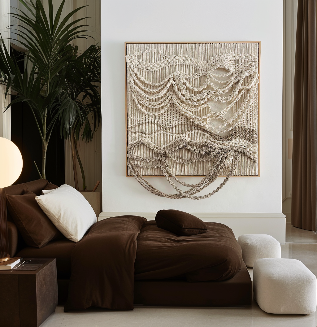 Discover Aleka, a handmade contemporary macramé wall artwork by Belén Senra. Made-to-order textile art crafted with natural cotton and linen for luxury interiors and contemporary art collectors