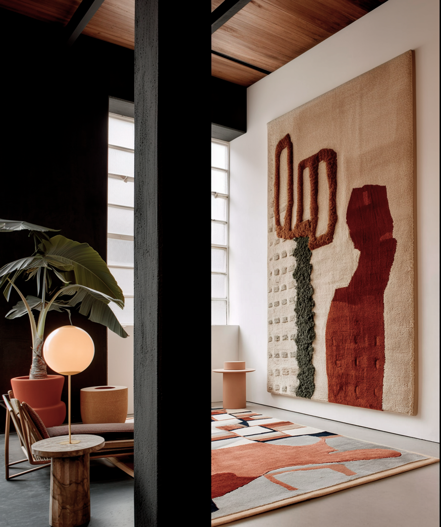Modern interior living room with large abstract wall art, patterned area rug, wooden ceiling, tall window with frosted glass, and a small seating area with a lamp, a large potted plant, and a small round table.