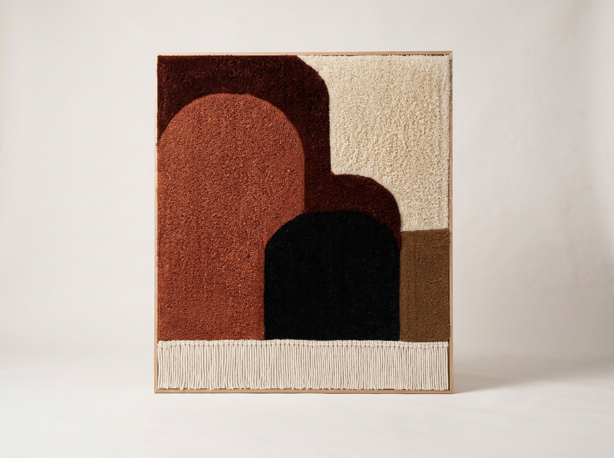 Quiet Presence is an original hand-tufted framed textile artwork by Belén Senra. A contemporary fiber art piece that brings texture, softness and sculptural presence to refined interiors
