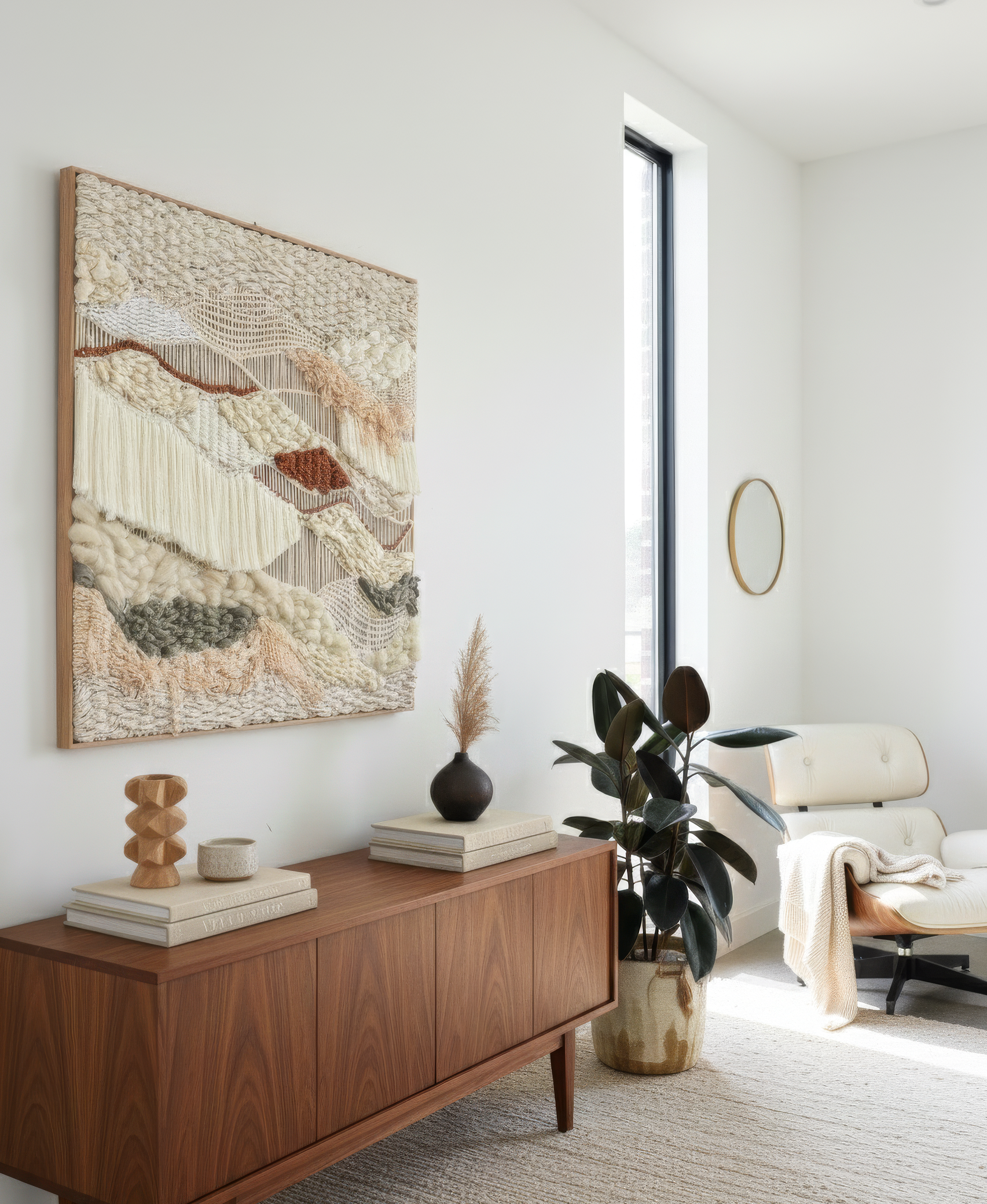 Framed textile wall art with layered natural fiber in earth tones, handwoven with dimensional texture, displayed on white wall