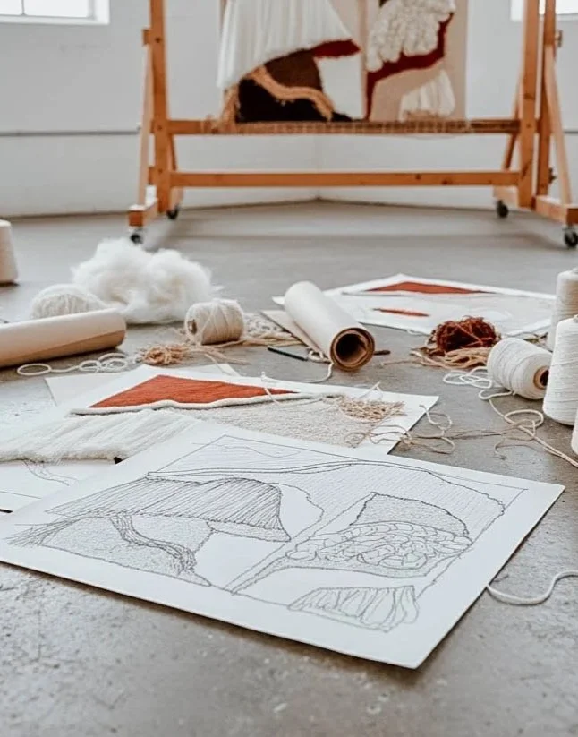 Sketches, yarn, fabric swatches, and crafting supplies on a concrete floor, with a wooden weaving loom in the background.