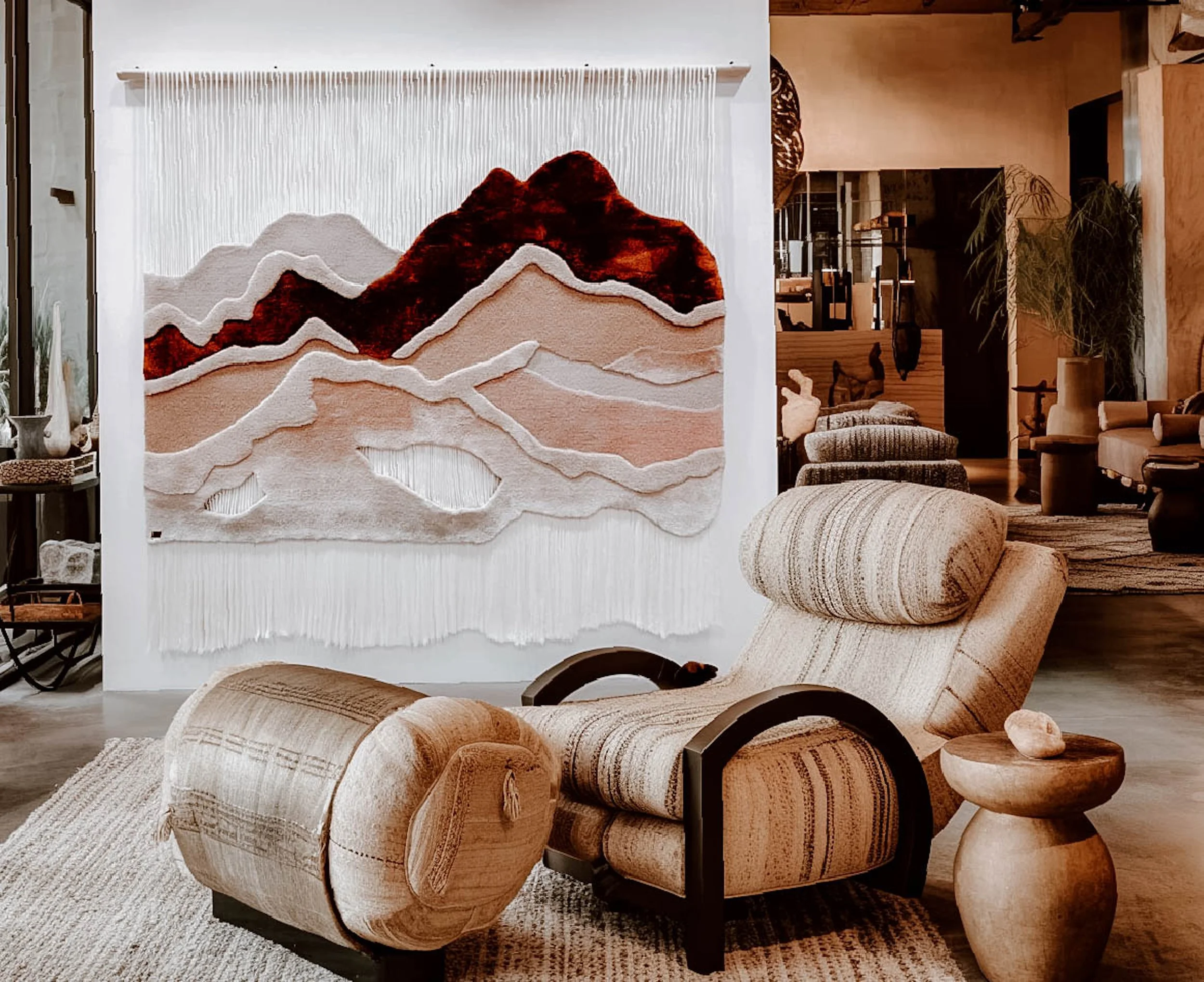 Large handcrafted textile wall hanging Serenity Peaks designed with layered neutral and clay color palette for architectural interiors.