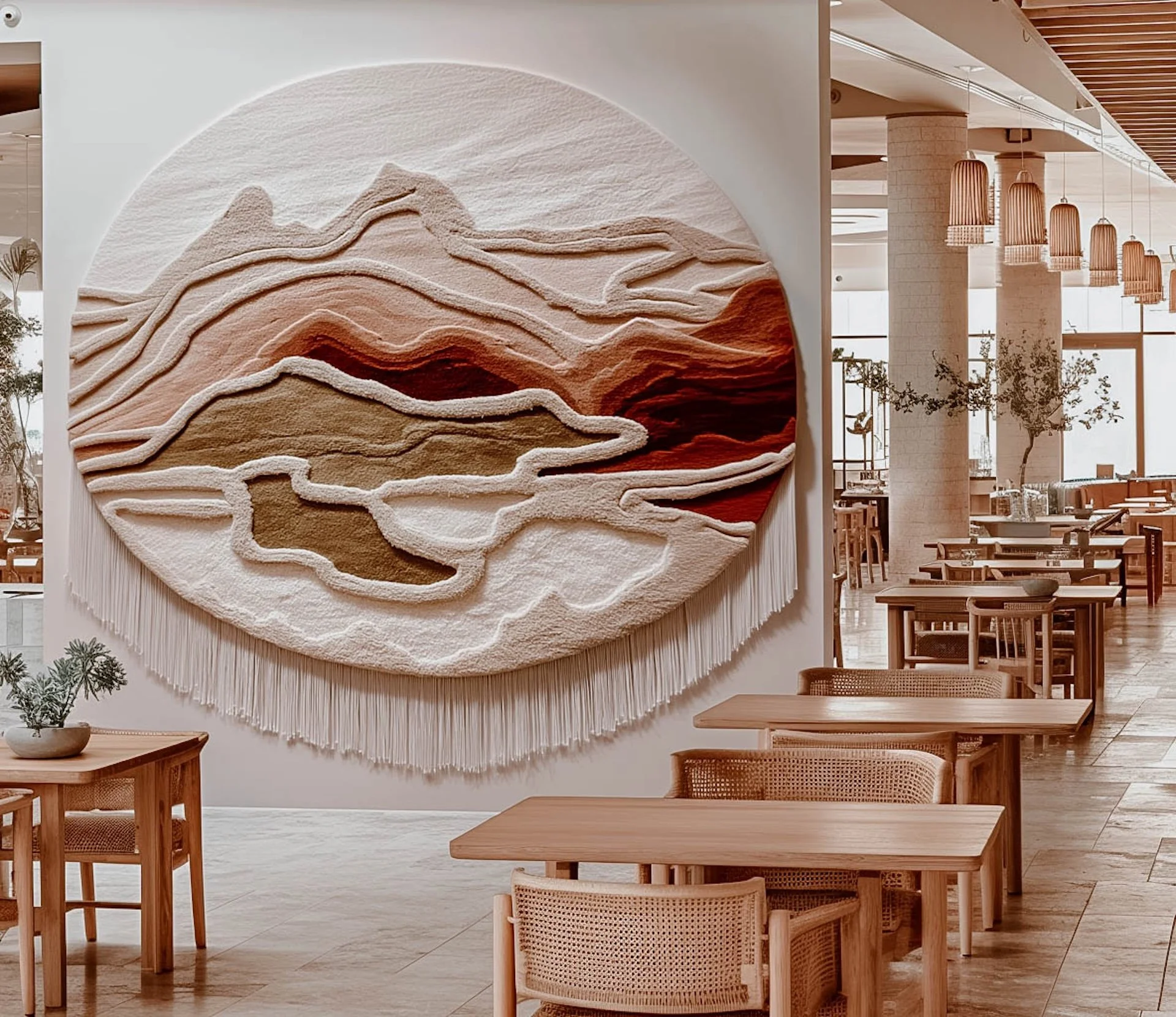 Large circular hand-tufted textile sculpture in New Zealand wool featuring layered organic landscape forms in cream, sand, olive and deep burgundy tones, designed as contemporary sensory wall art.
