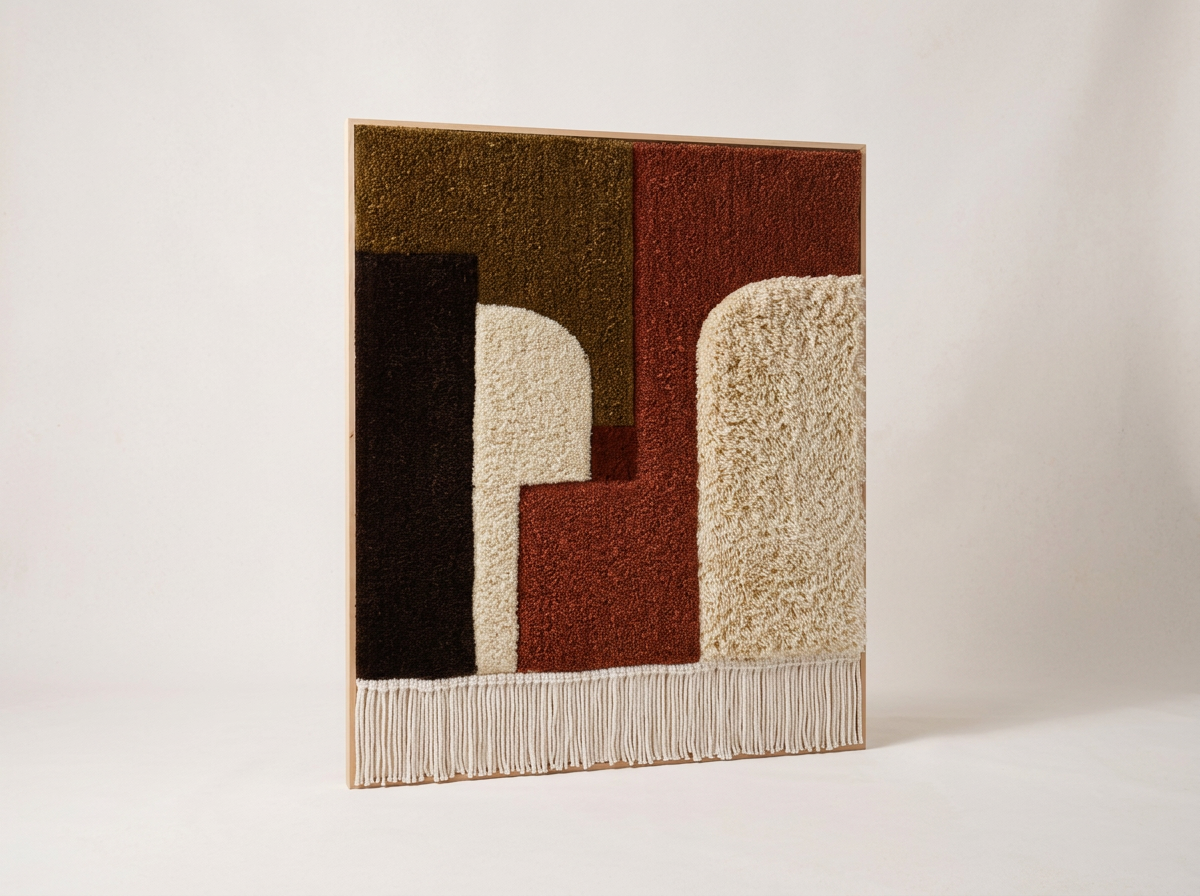 Quiet Presence is an original hand-tufted framed textile artwork by Belén Senra. A contemporary fiber art piece that brings texture, softness and sculptural presence to refined interiors