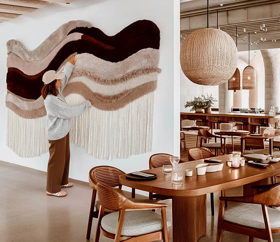 Hand-tufted textile wall art with organic wave shapes in neutral earthy tones and long natural fiber fringe hanging on a white wall. (Copy)