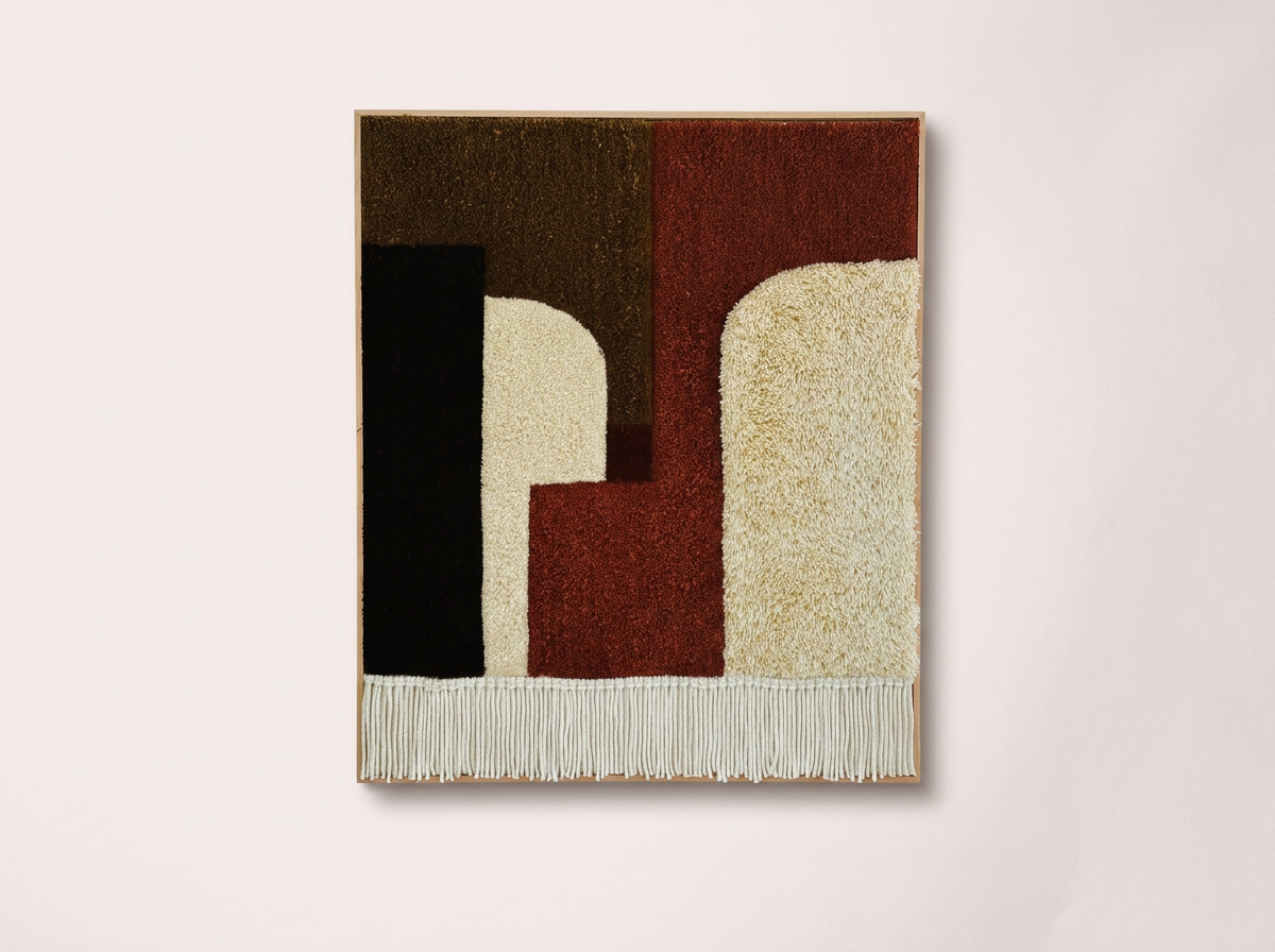 Quiet Presence is an original hand-tufted framed textile artwork by Belén Senra. A contemporary fiber art piece that brings texture, softness and sculptural presence to refined interiors
