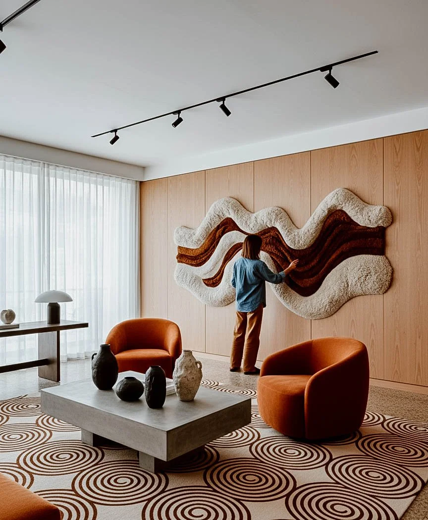 Large sculptural textile wall installation Flowing Waves adding texture, warmth and movement to a contemporary interior.