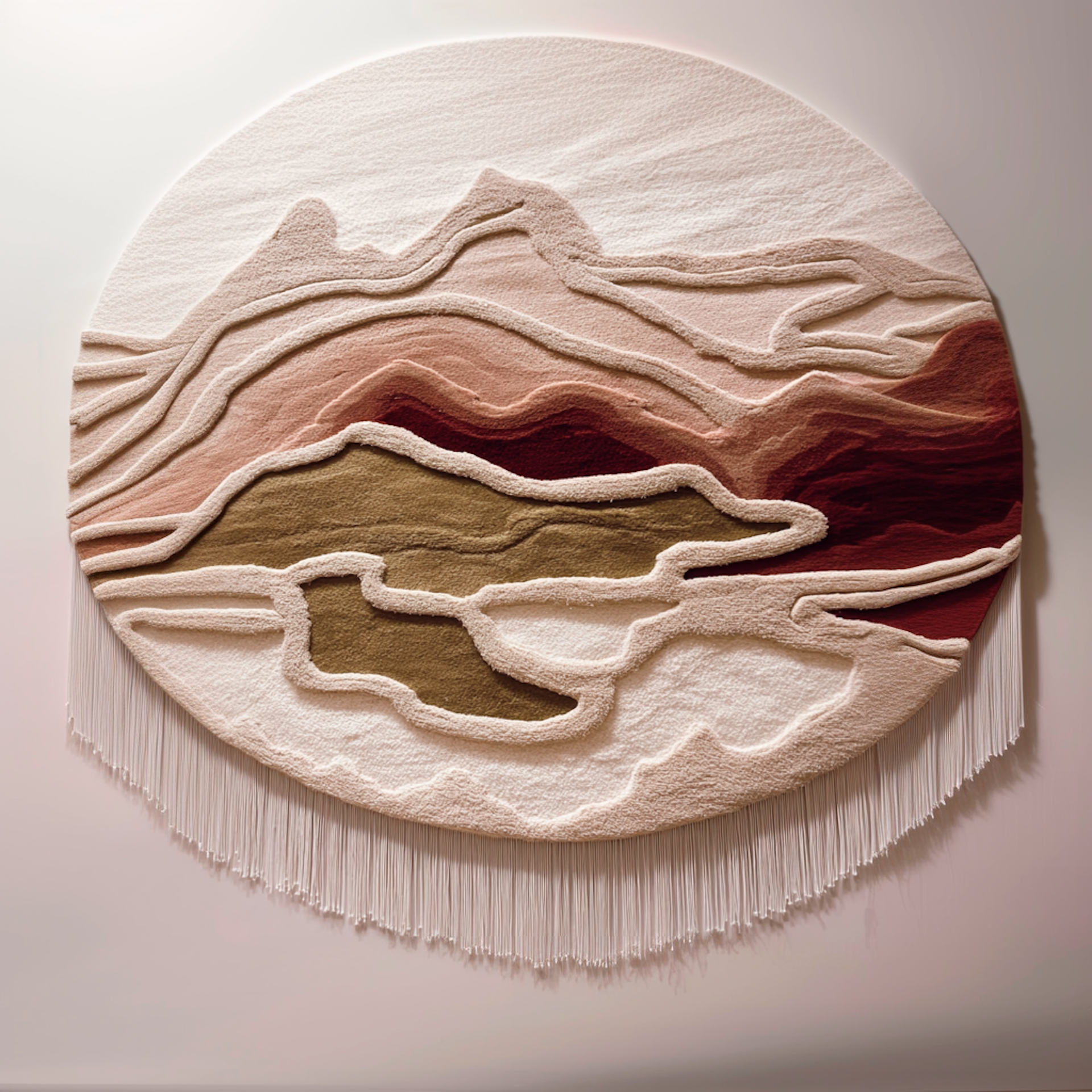 Large circular hand-tufted textile sculpture in New Zealand wool featuring layered organic landscape forms in cream, sand, olive and deep burgundy tones, designed as contemporary sensory wall art.