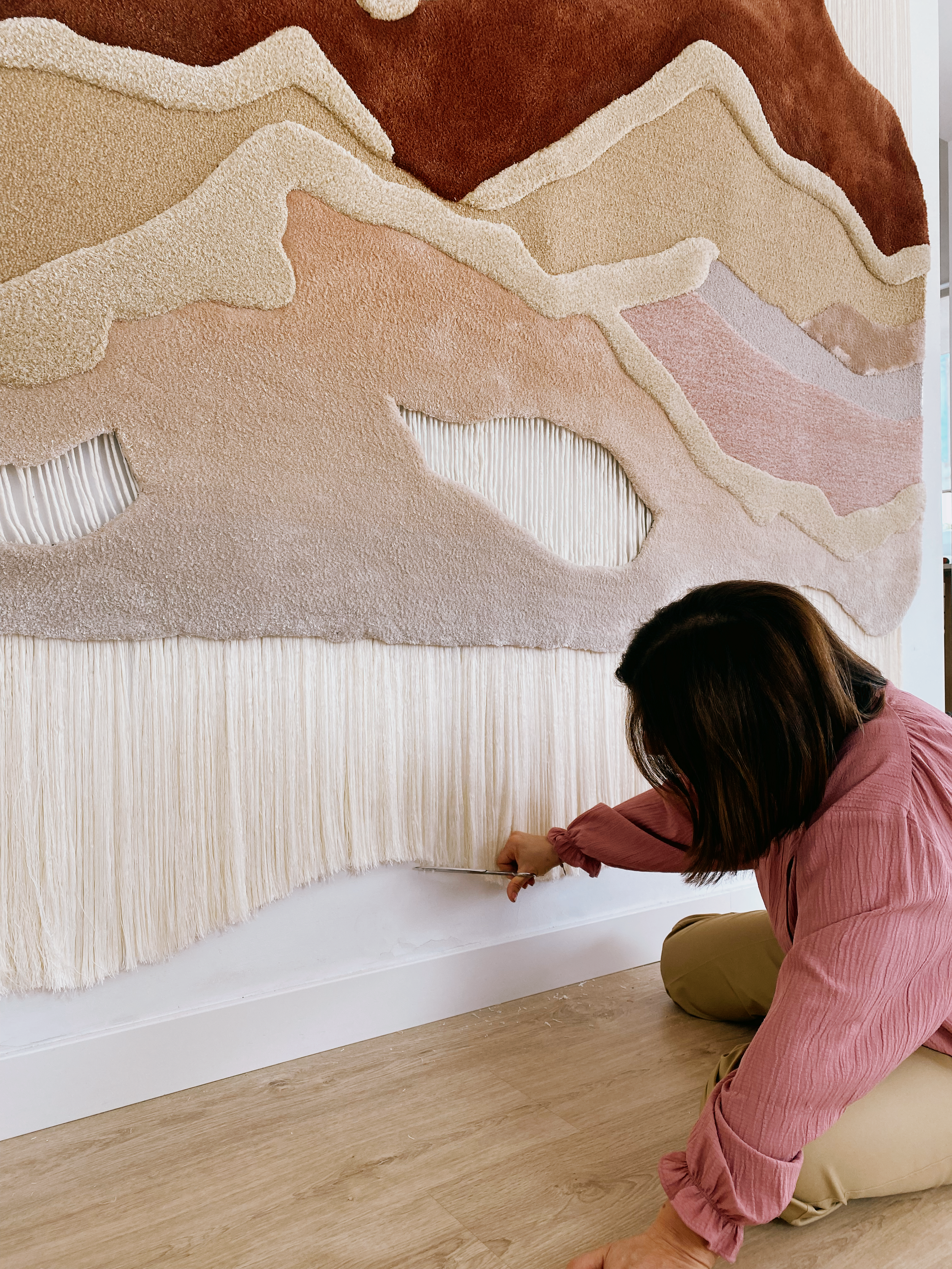 Contemporary sculptural fiber wall art Serenity Peaks displaying dimensional tufted textures inspired by natural landscapes and geological layers.