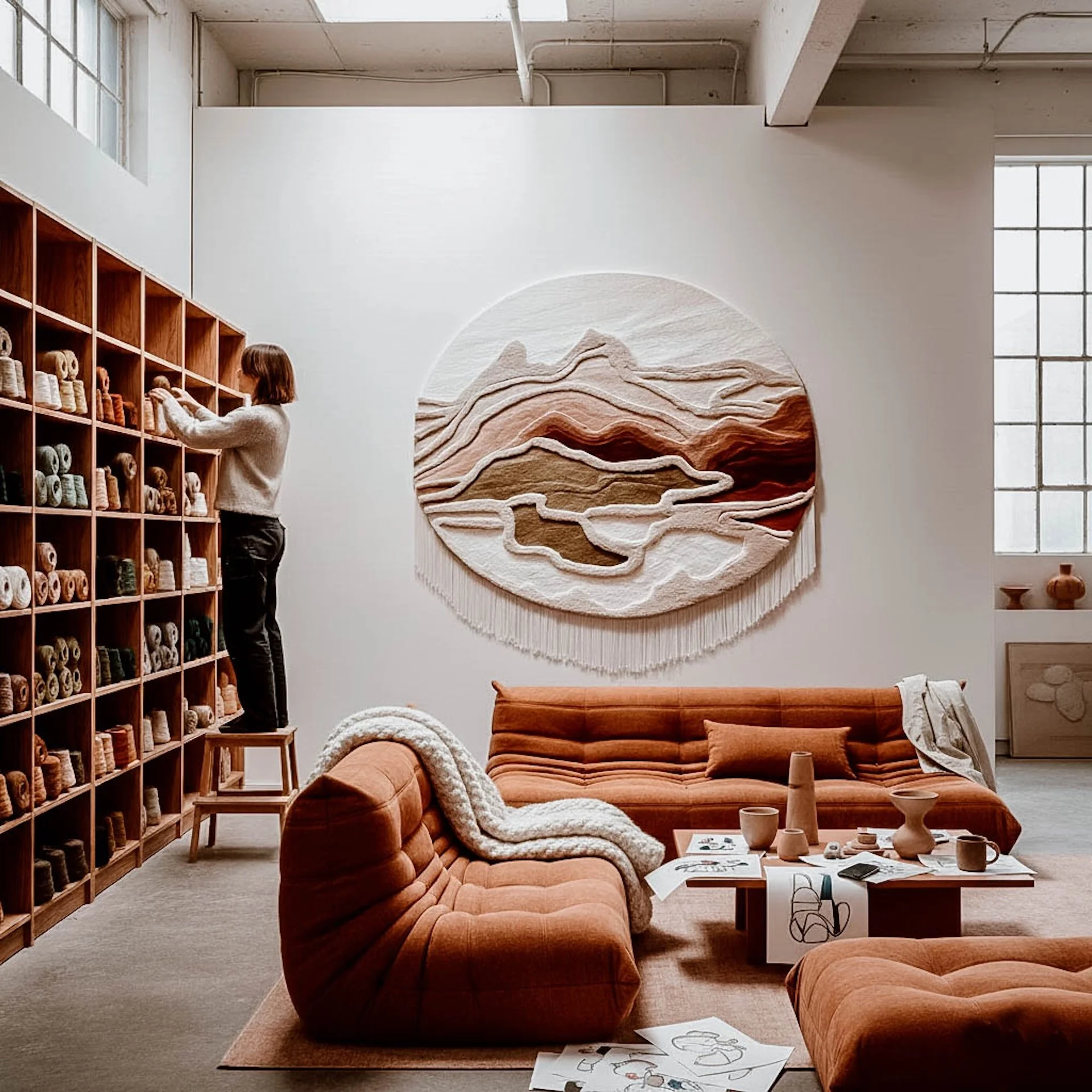 Large circular hand-tufted textile sculpture in New Zealand wool featuring layered organic landscape forms in cream, sand, olive and deep burgundy tones, designed as contemporary sensory wall art.