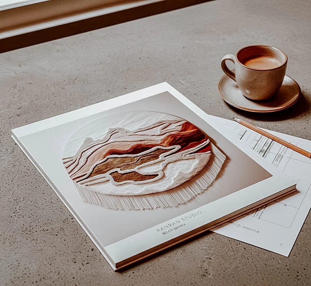 Large circular hand-tufted textile sculpture in New Zealand wool featuring layered organic landscape forms in cream, sand, olive and deep burgundy tones, designed as contemporary sensory wall art.