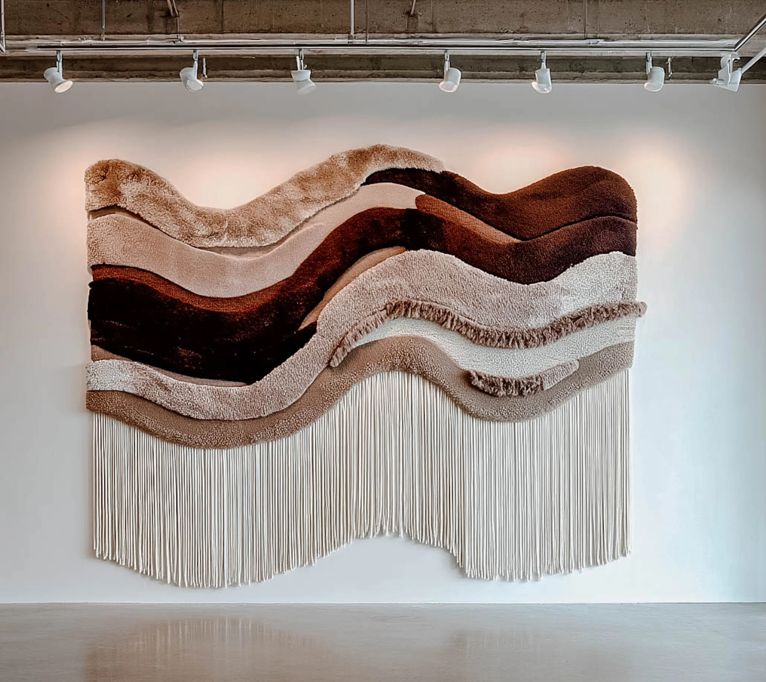 Contemporary sculptural fiber art tapestry featuring flowing organic curves and layered neutral tones designed for interior wall decoration. (Copy)