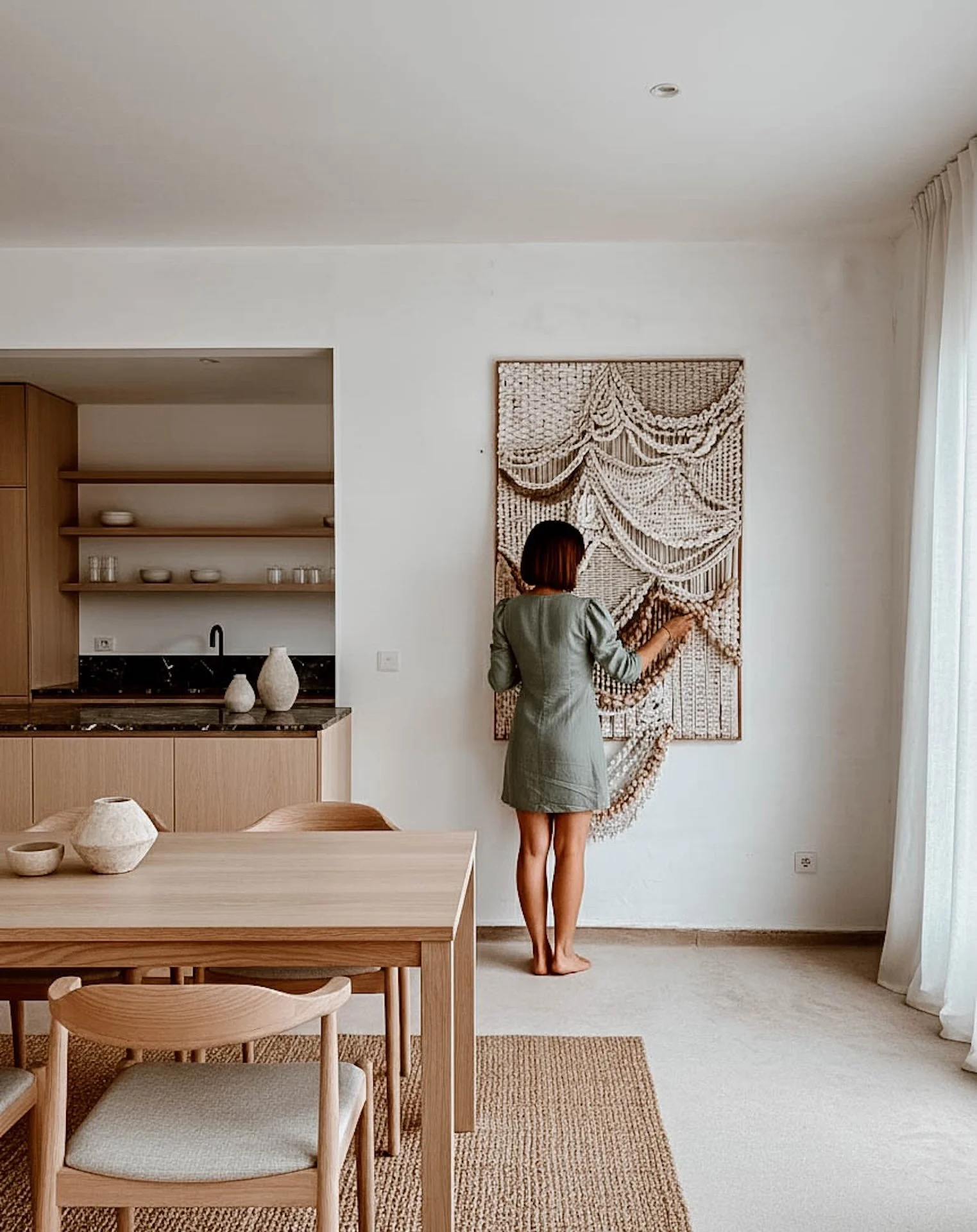 Large-scale framed textile sculpture in natural fibers with layered organic texture for luxury interior spaces