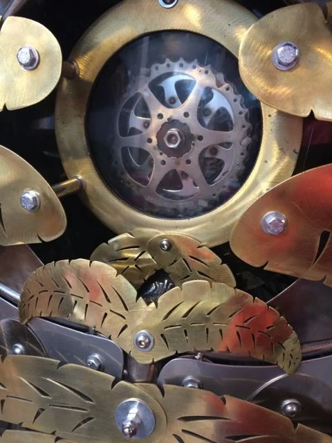Kinetic Sculpture - Owl in Barneys New York Holiday Window 2014 by Chris Cole 015 brass portal detail