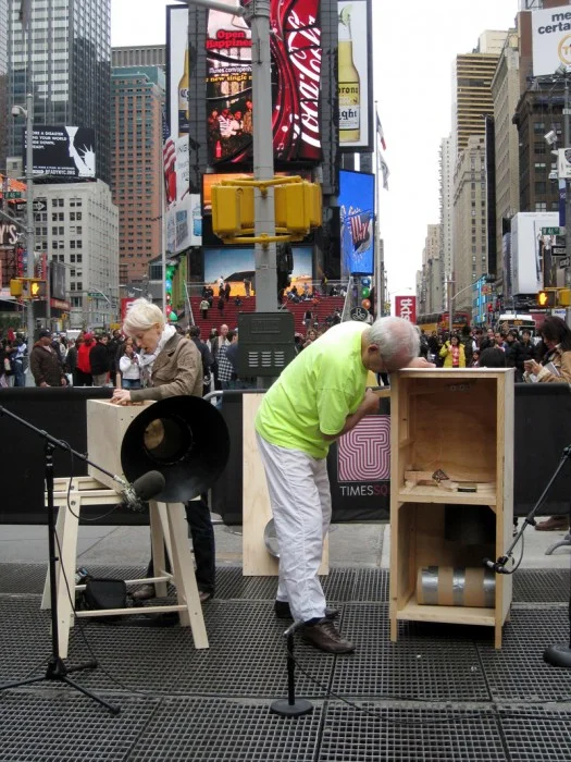 Tony Conrad and Jennifer Walshe performing on intonarumori, Times Square, New York City, Performa 2009