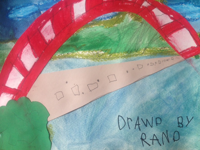 This is one example of work from a kindergarten student who learned about perspective, and showing distance in their work. This work was created over several class periods and is a depiction of the Austin 360 bridge.
