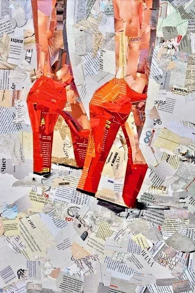 As you can see here the background is made up of mostly b/w news print, The shoes from reds and oranges, the legs from skin coloured images. 