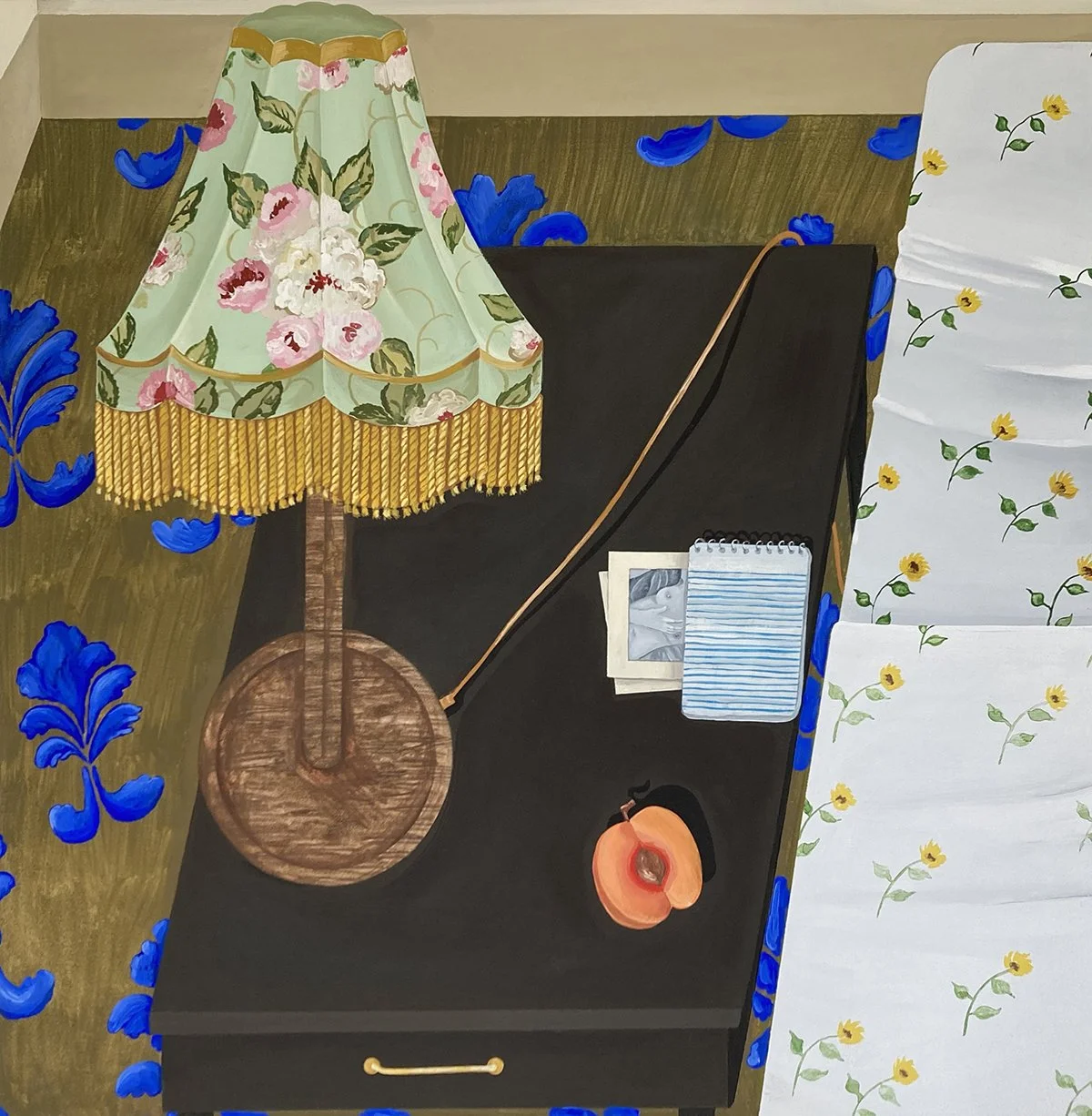 BEDSIDE TABLE WITH HALF A PEACH