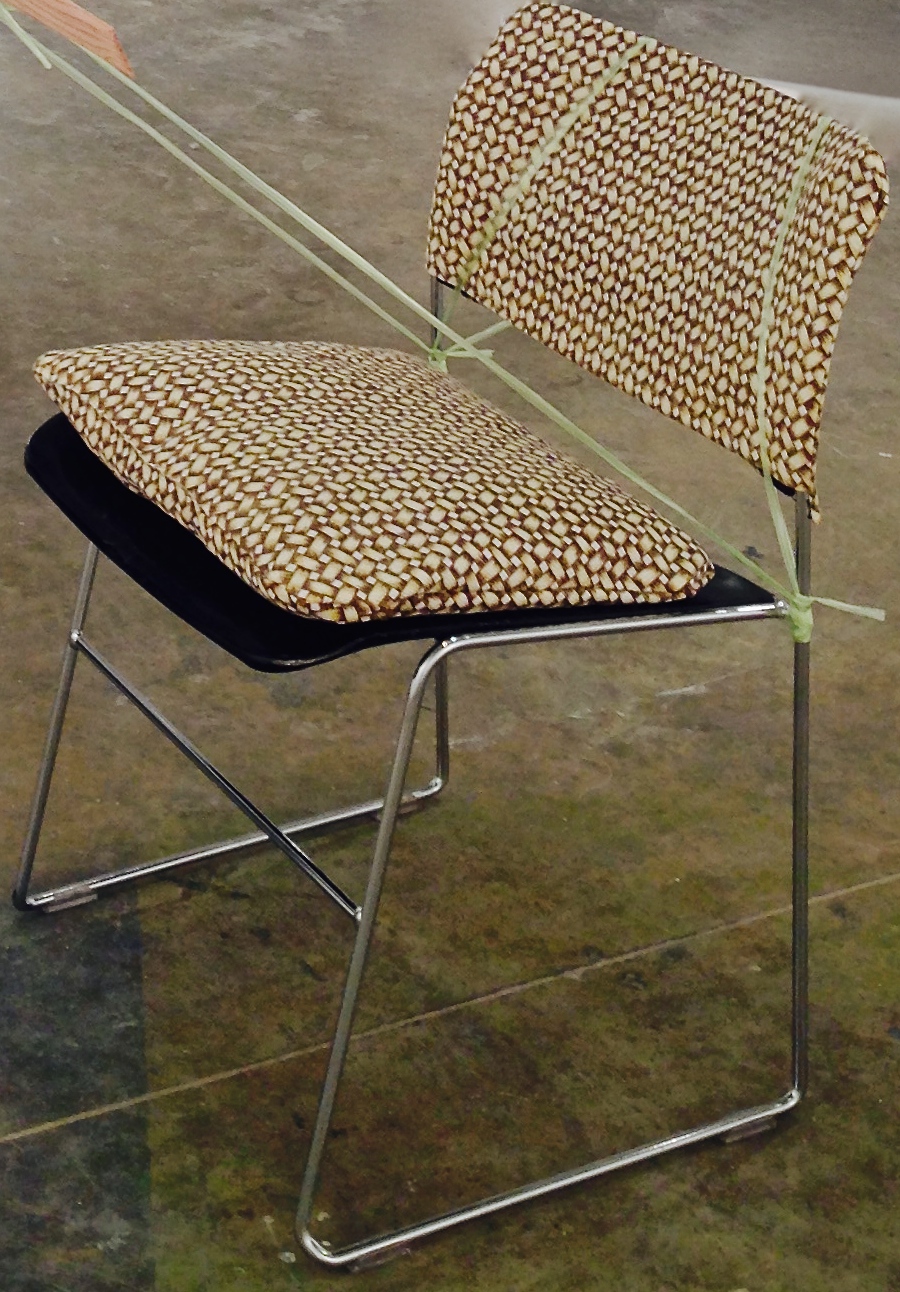  Loom, 2014, plastic chord, custom Banig-print fabric chair covering, Yale critique chair 