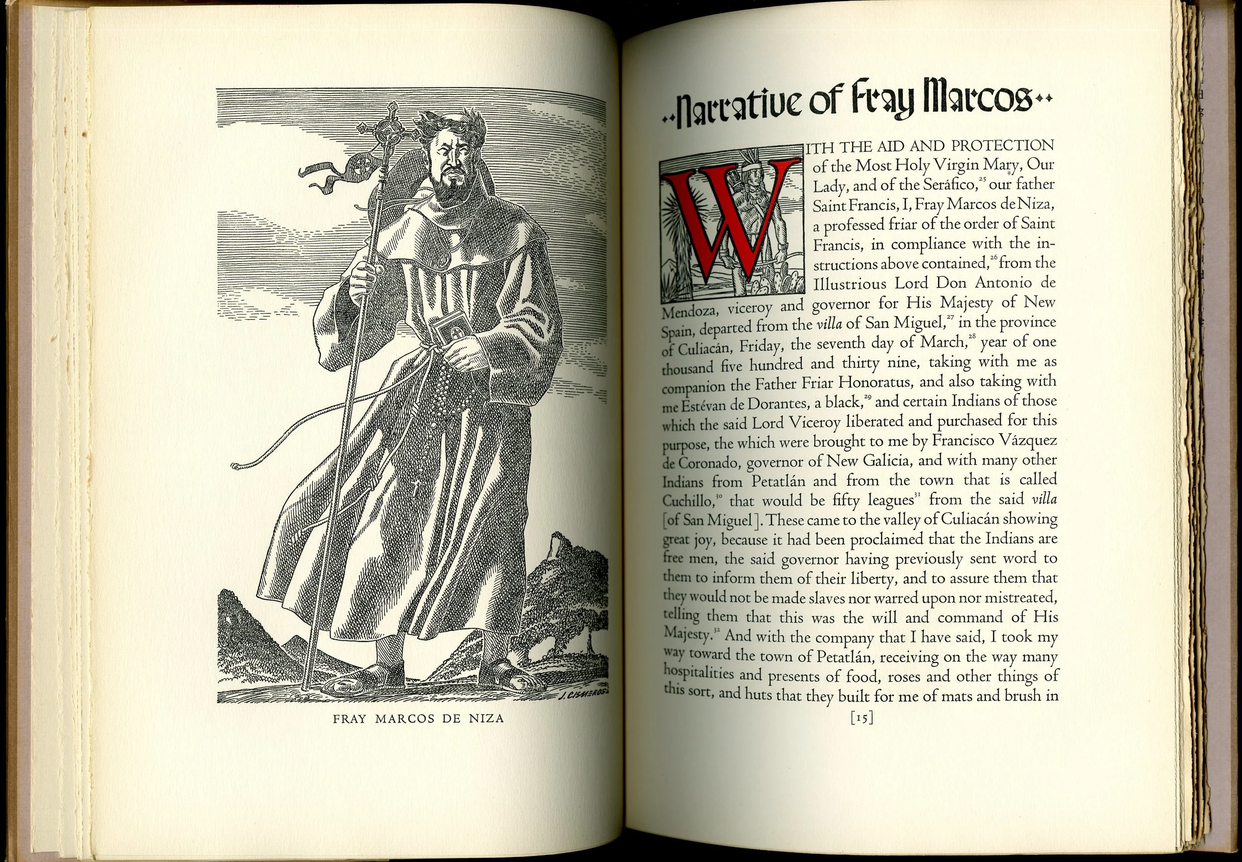 Page spread from "The journey of Fray Marcos de Niza (1949), translated and edited by Cleve Hallenbeck. UTSA Libraries Special Collections.