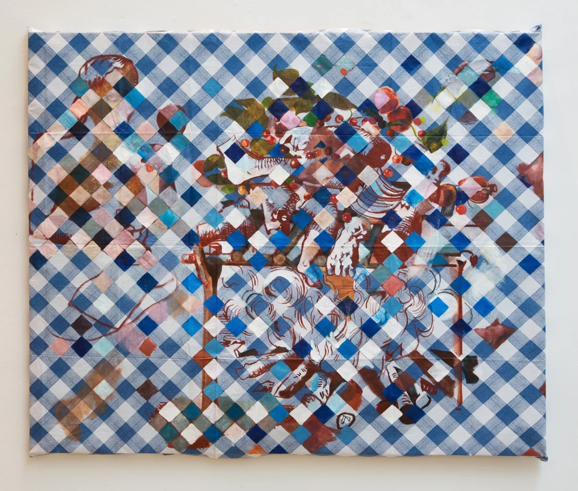 Feast , 2013, oil on stretched plastic tablecloth, 46 x 68 inches