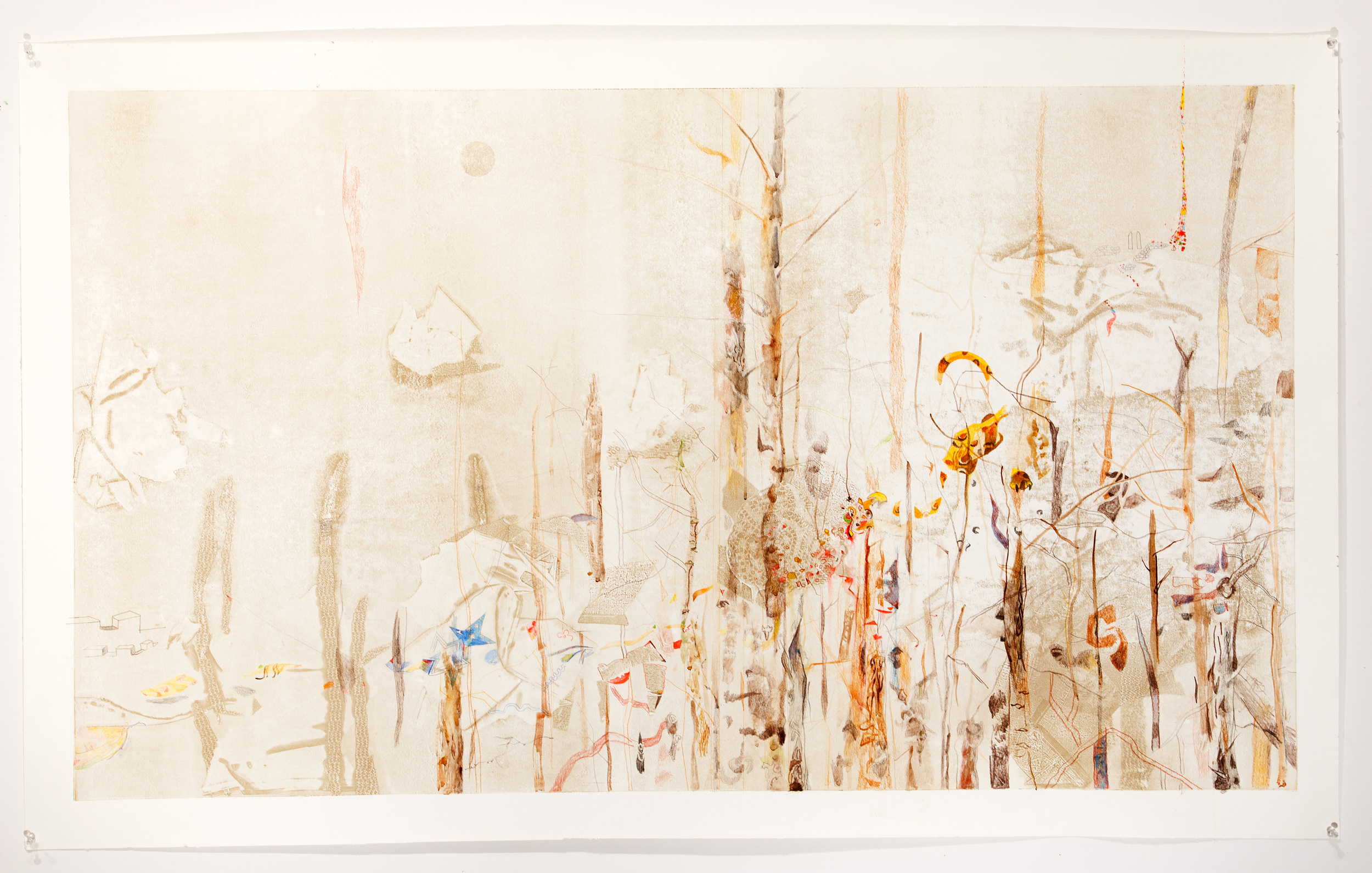  Pan-therion, 2014, pencil and watercolor on monotype, 30 x 60 inches&nbsp; 