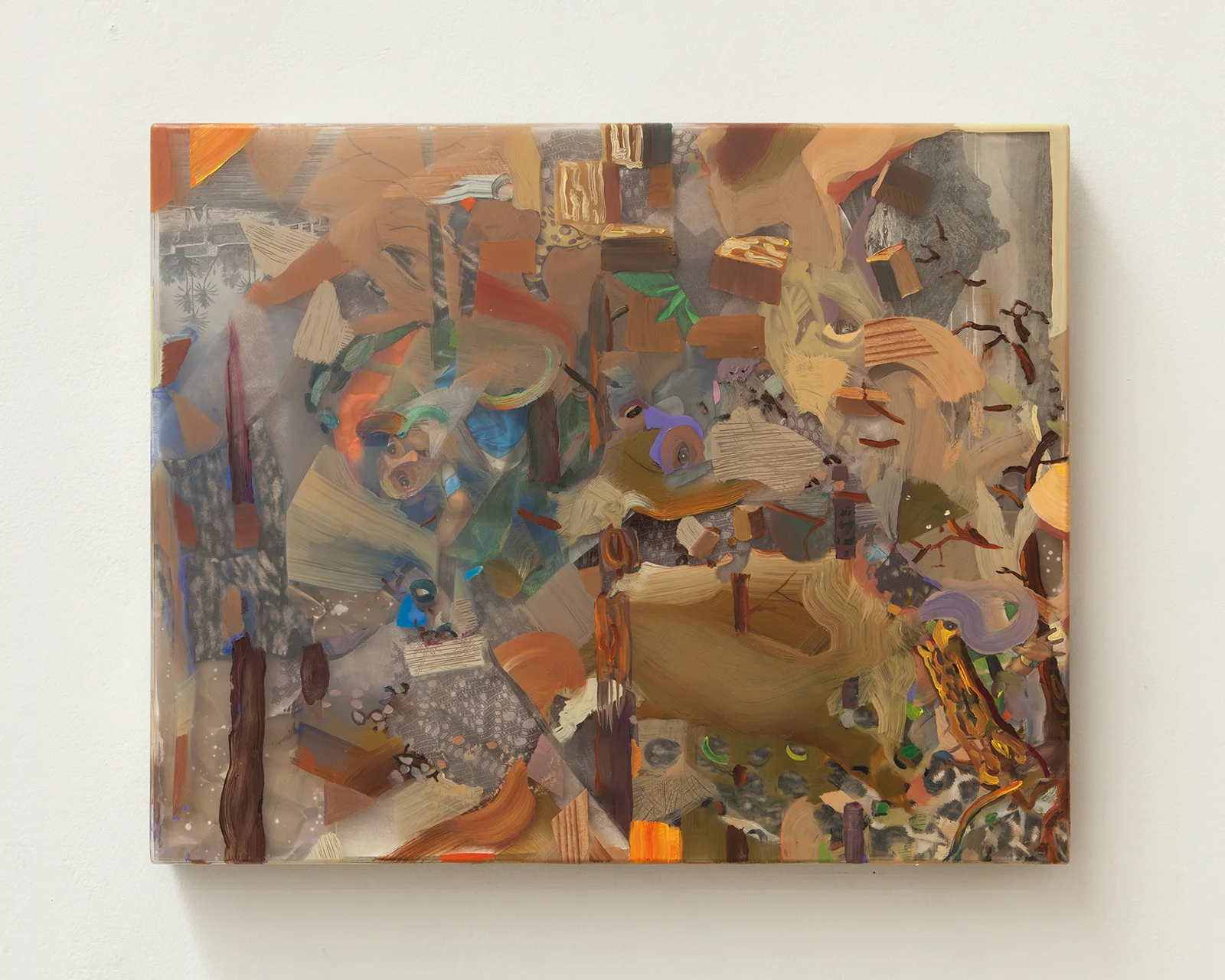 Folding Time , oil, plexiglass, plastic tablecloth, monoprint, fabric, antique etching, vinyl, 16 x 20 inches, 2014
