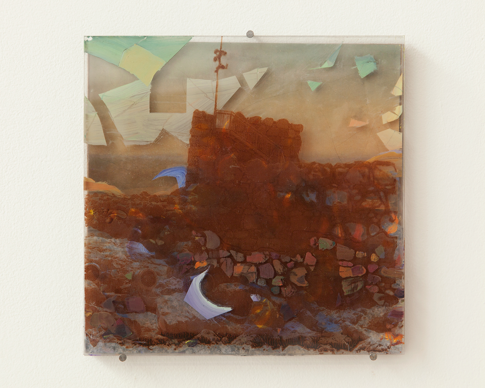  2014, Oil and silkscreen on plexiglass, photo, found material,&nbsp;10 x 10 inches 