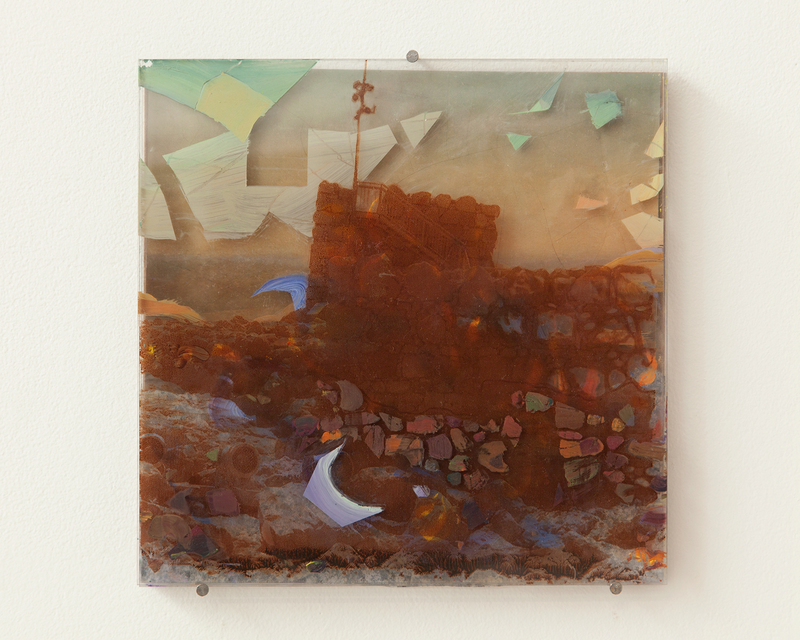 2014, Oil and silkscreen on plexiglass, photo, found material, 10 x 10 inches